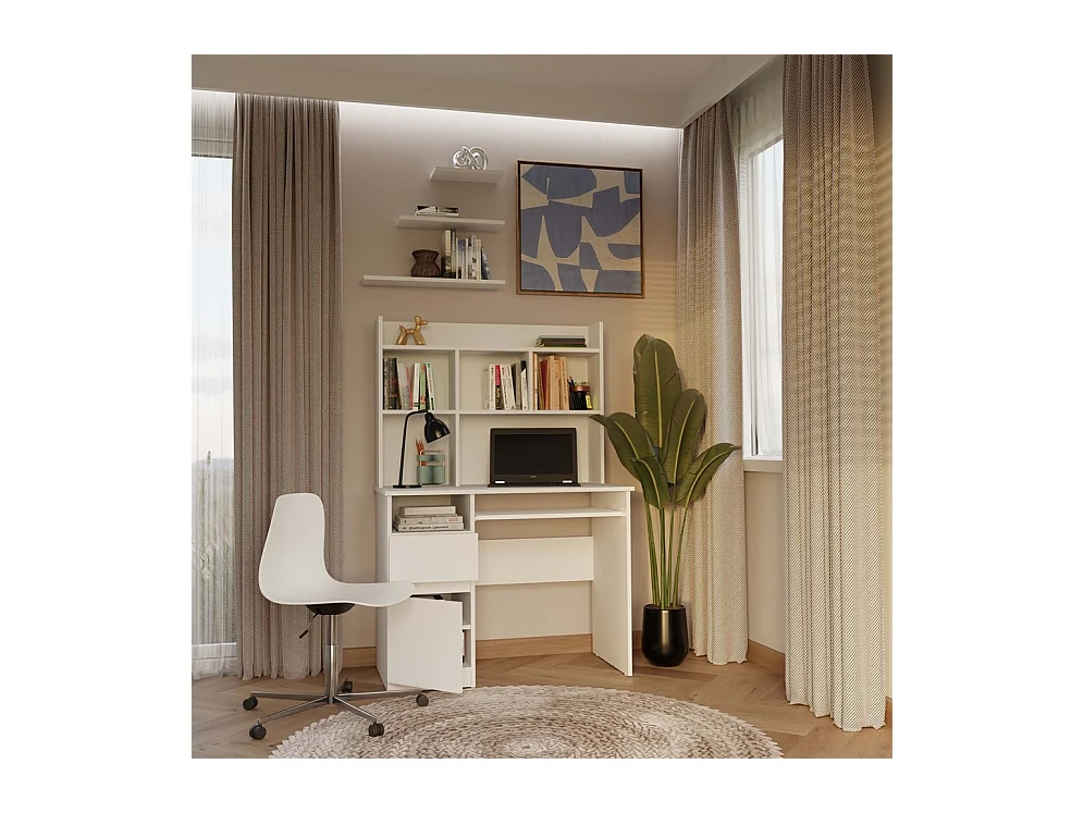 PORTO SINISTRA - Scrivania 98×51×145 cm con 3 cassetti e ripiani, con mensola superiore per ufficio / camera da letto - Bianco