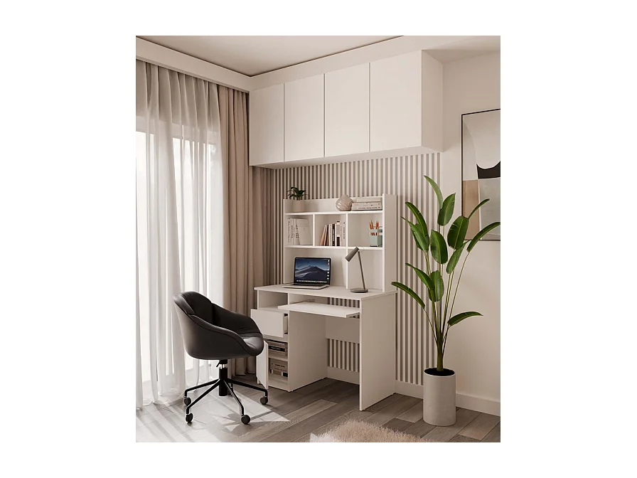 PORTO SINISTRA - Scrivania 98×51×145 cm con 3 cassetti e ripiani, con mensola superiore per ufficio / camera da letto - Bianco