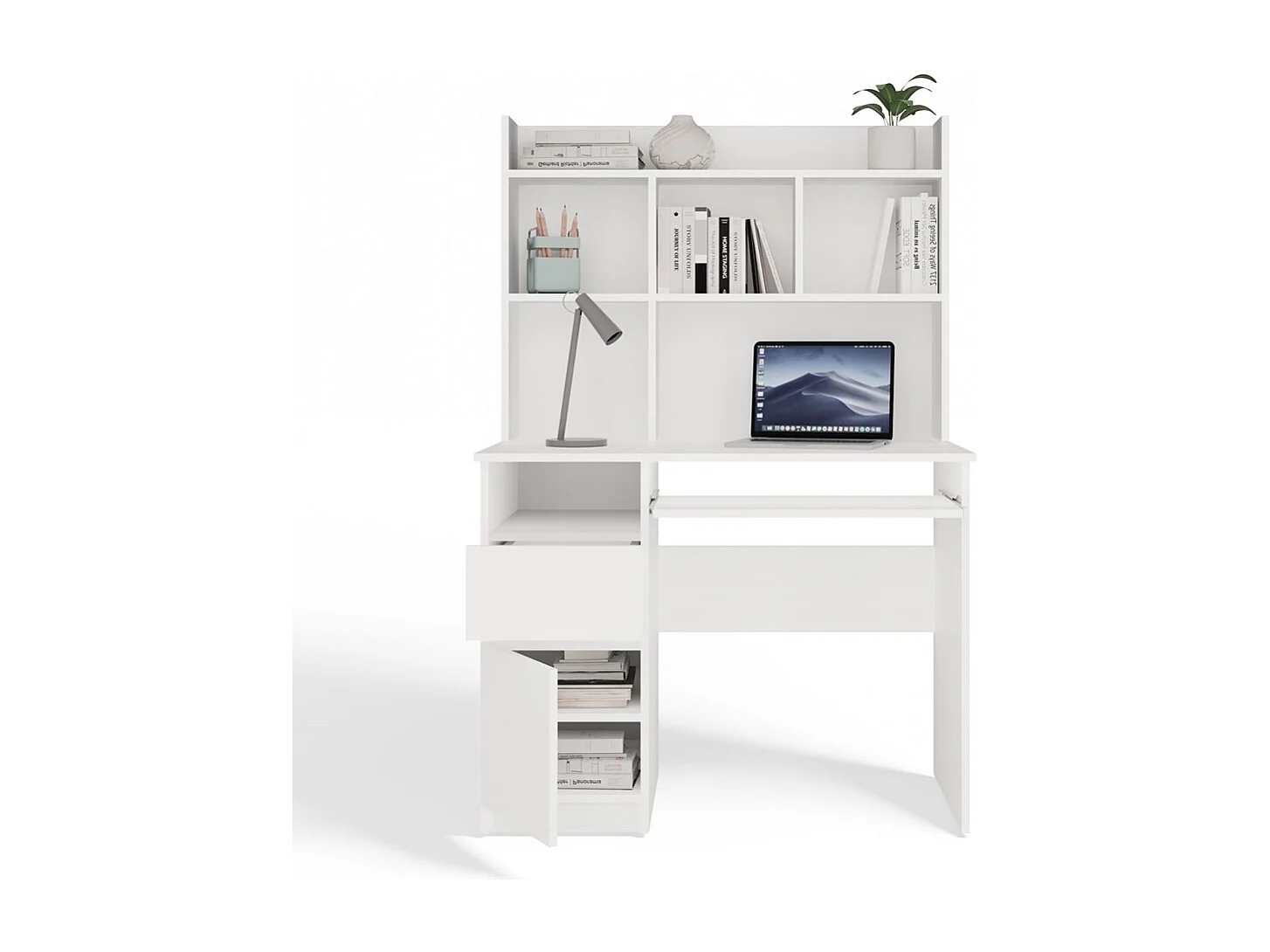 PORTO SINISTRA - Scrivania 98×51×145 cm con 3 cassetti e ripiani, con mensola superiore per ufficio / camera da letto - Bianco