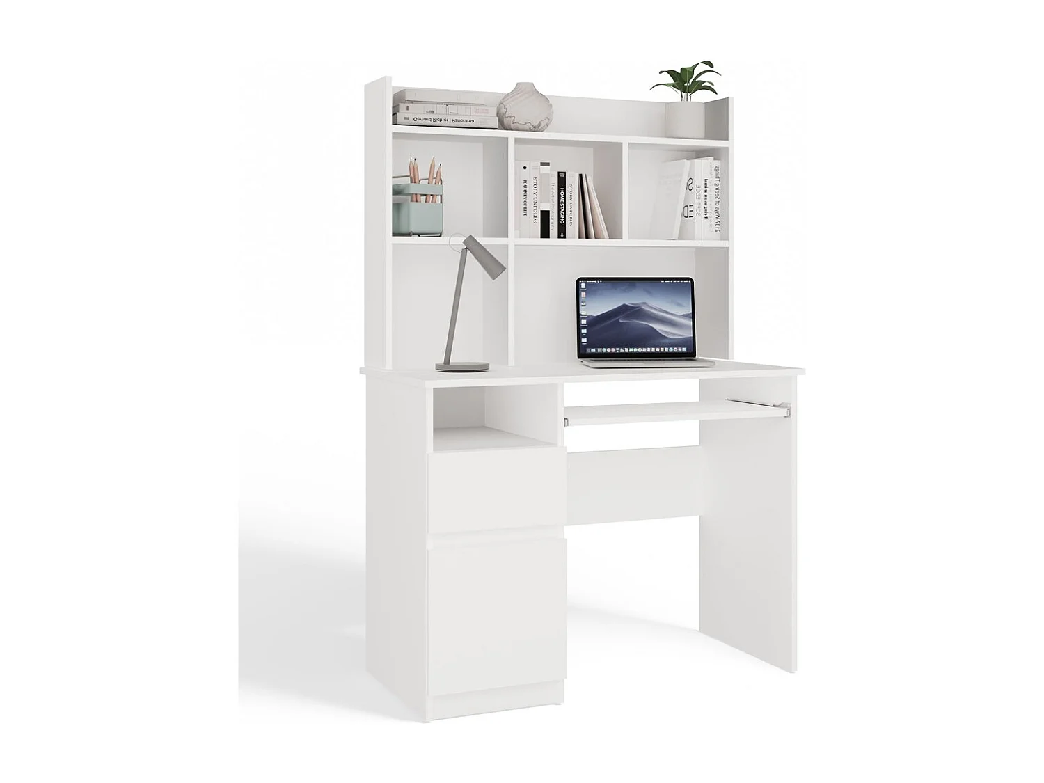 PORTO GAUCHE - Bureau 98×51×145 cm 3 tiroirs et rayons avec étagère supérieure pour bureau / chambre - Blanc