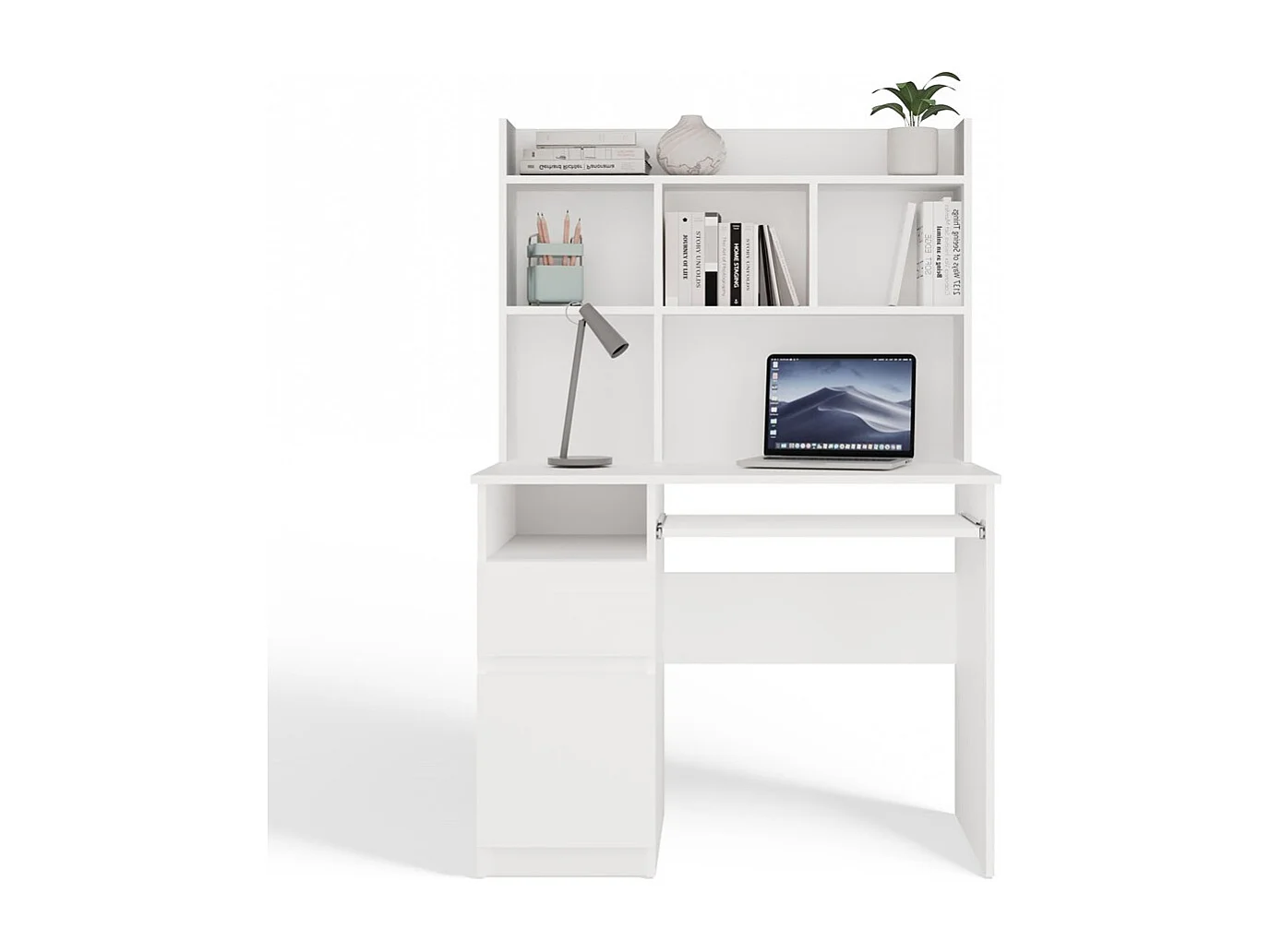 PORTO GAUCHE - Bureau 98×51×145 cm 3 tiroirs et rayons avec étagère supérieure pour bureau / chambre - Blanc