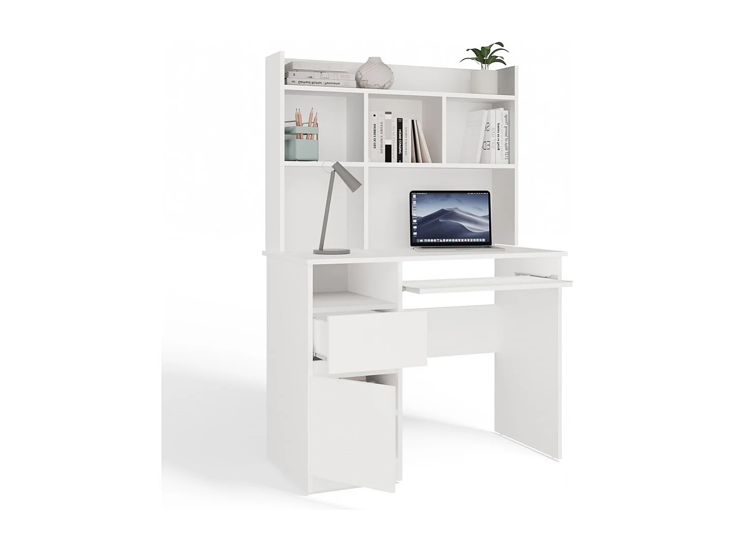 PORTO GAUCHE - Bureau 98×51×145 cm 3 tiroirs et rayons avec étagère supérieure pour bureau / chambre - Blanc