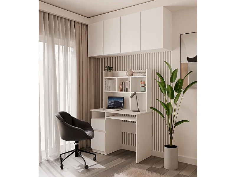 PORTO IZQUIERDO - Escritorio 98×51×145 cm con 3 cajones y repisas, con estante superior para oficina / dormitorio - Blanco
