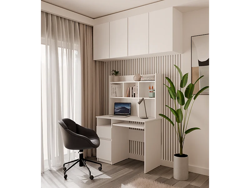 PORTO SINISTRA - Scrivania 98×51×145 cm con 3 cassetti e ripiani, con mensola superiore per ufficio / camera da letto - Bianco