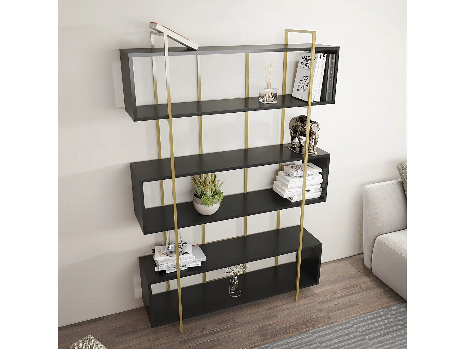 Edles Regal in Anthrazit und Gold, 120 x 180 x 29,6 cm | 100 % melaminbeschichtete Spanplatte, 18 mm stark | Moderne Aufbewahrungslösung für