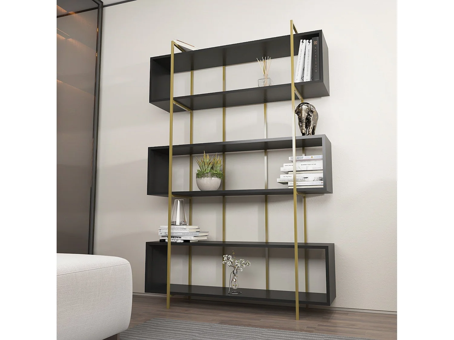 Edles Regal in Anthrazit und Gold, 120 x 180 x 29,6 cm | 100 % melaminbeschichtete Spanplatte, 18 mm stark | Moderne Aufbewahrungslösung für