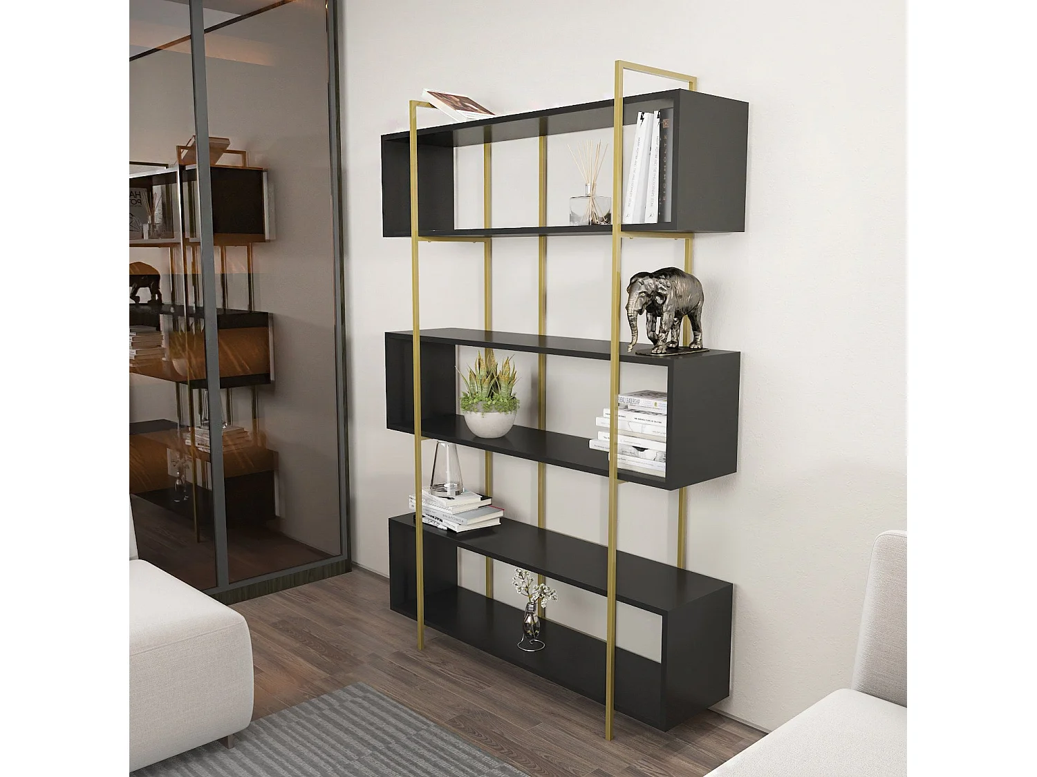 Edles Regal in Anthrazit und Gold, 120 x 180 x 29,6 cm | 100 % melaminbeschichtete Spanplatte, 18 mm stark | Moderne Aufbewahrungslösung für