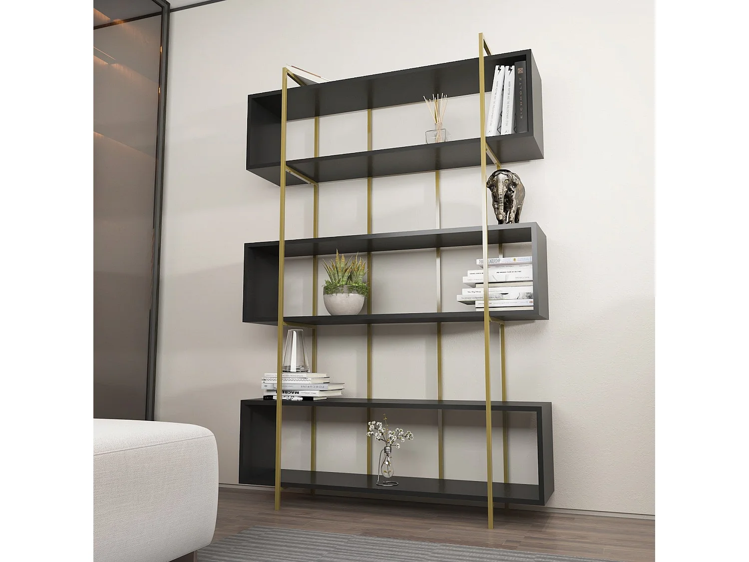 Edles Regal in Anthrazit und Gold, 120 x 180 x 29,6 cm | 100 % melaminbeschichtete Spanplatte, 18 mm stark | Moderne Aufbewahrungslösung für