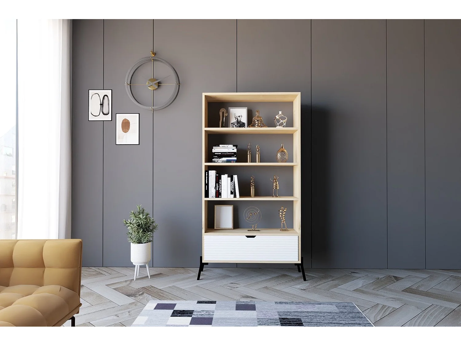 Librería – 83,6 cm x 160 cm x 30 cm – Roble Zafiro y Blanco – Tablero de Partículas y MDF