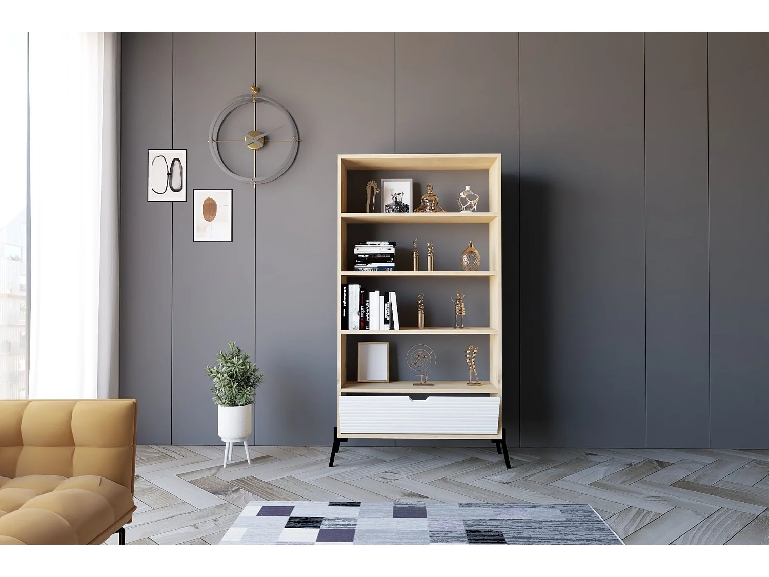 Librería – 83,6 cm x 160 cm x 30 cm – Roble Zafiro y Blanco – Tablero de Partículas y MDF