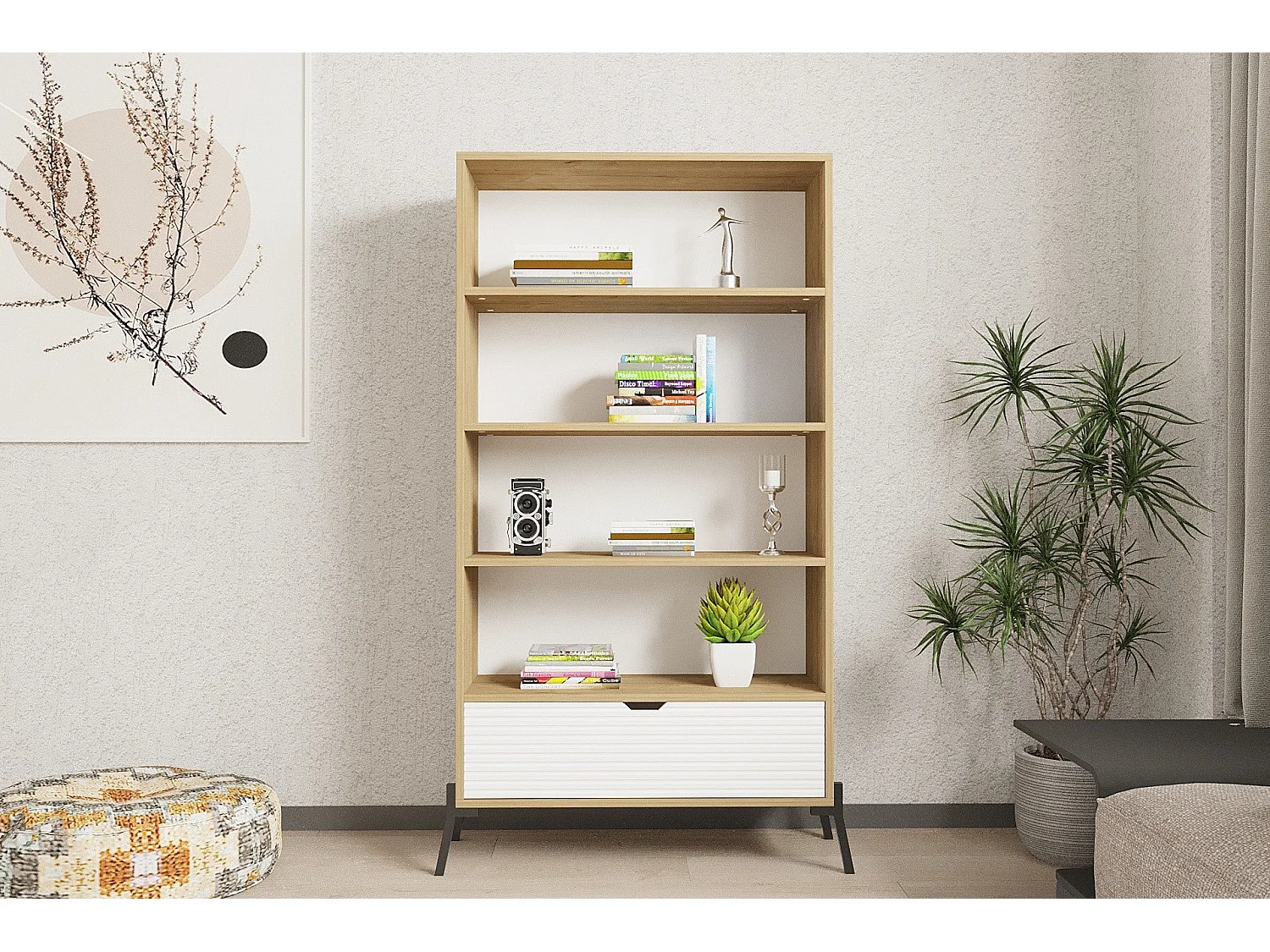 Librería – 83,6 cm x 160 cm x 30 cm – Roble Zafiro y Blanco – Tablero de Partículas y MDF
