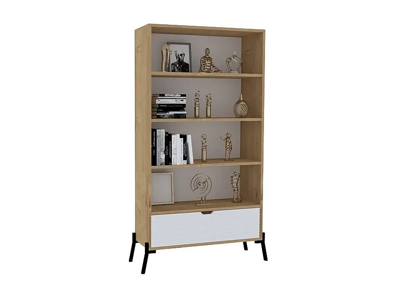 Bibliothèque 1 porte et 4 étagères Arash L83,6xH160cm Chêne et Blanc