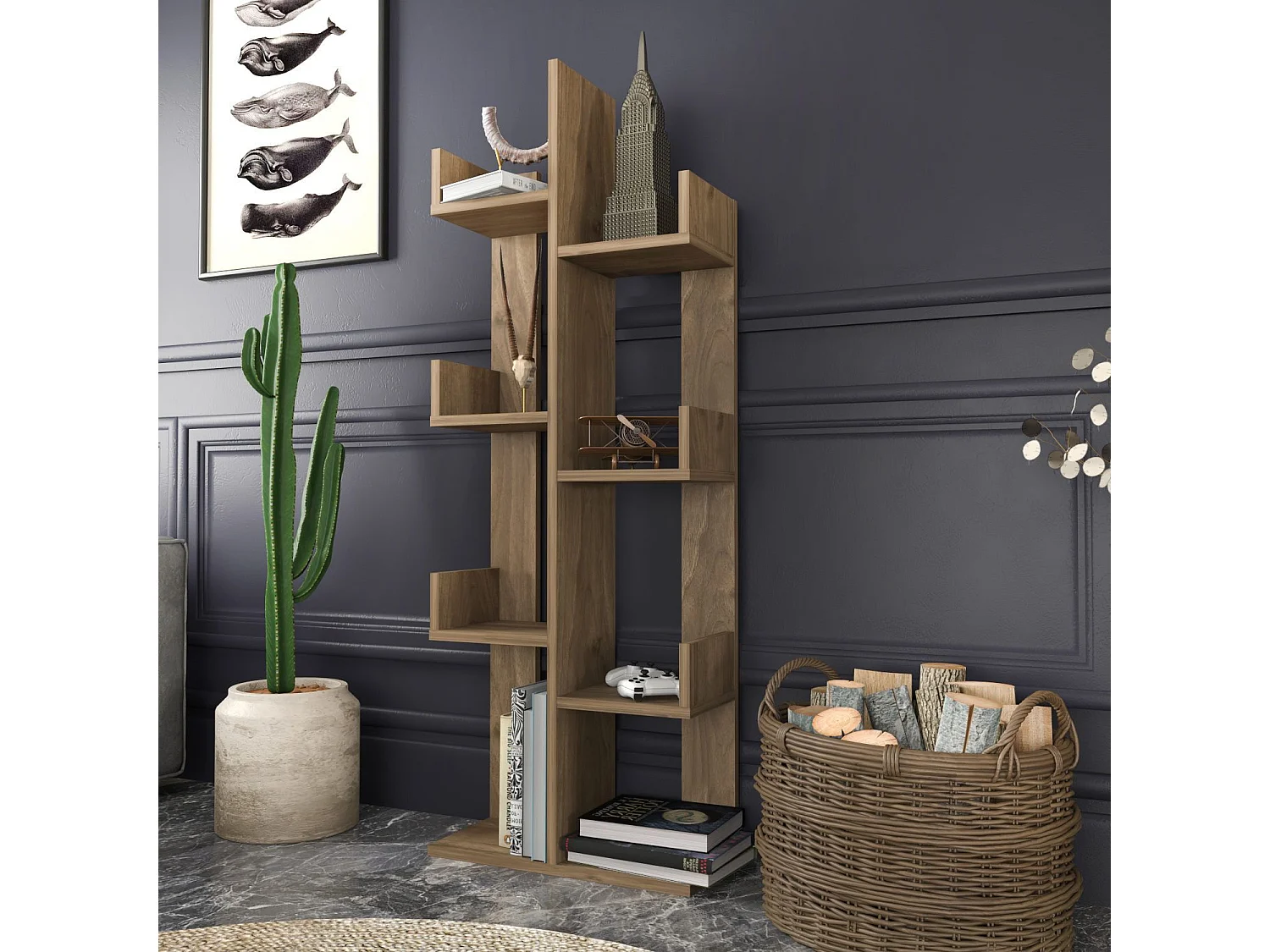 Moderne wandkast van notenhout, 50 x 22 x 173 cm | 100% melamine gecoate spaanplaat, 18 mm dik | Stijlvolle en functionele opberger voor thu