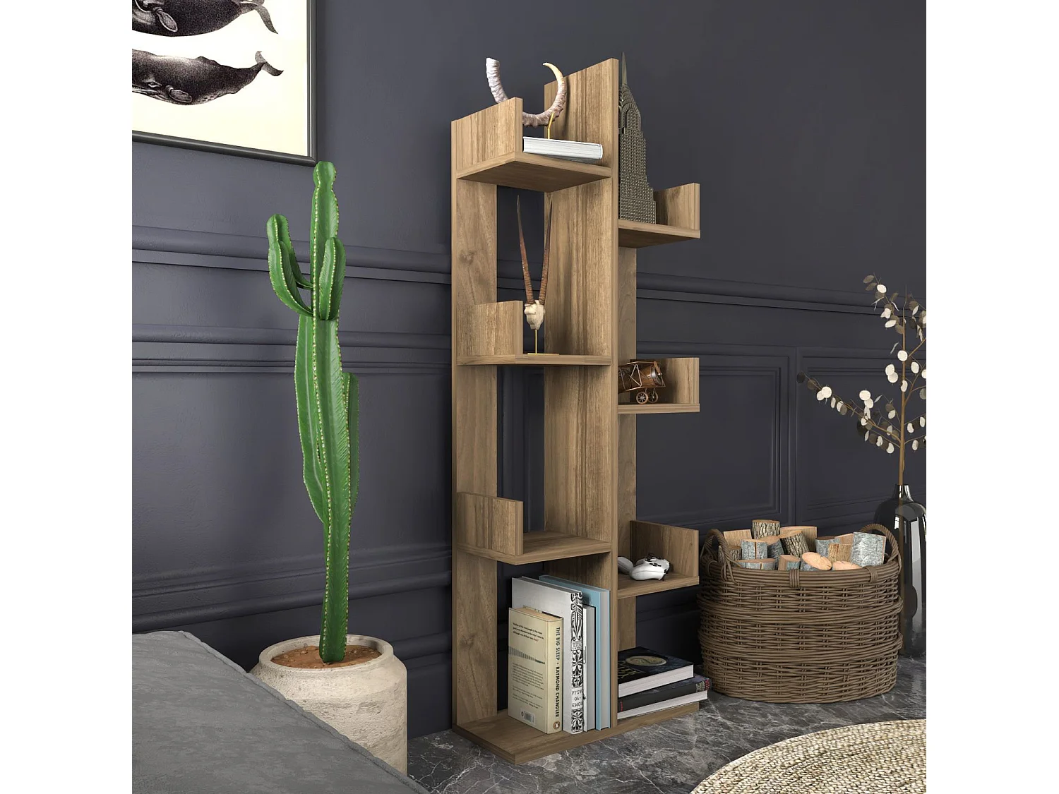 Moderne wandkast van notenhout, 50 x 22 x 173 cm | 100% melamine gecoate spaanplaat, 18 mm dik | Stijlvolle en functionele opberger voor thu