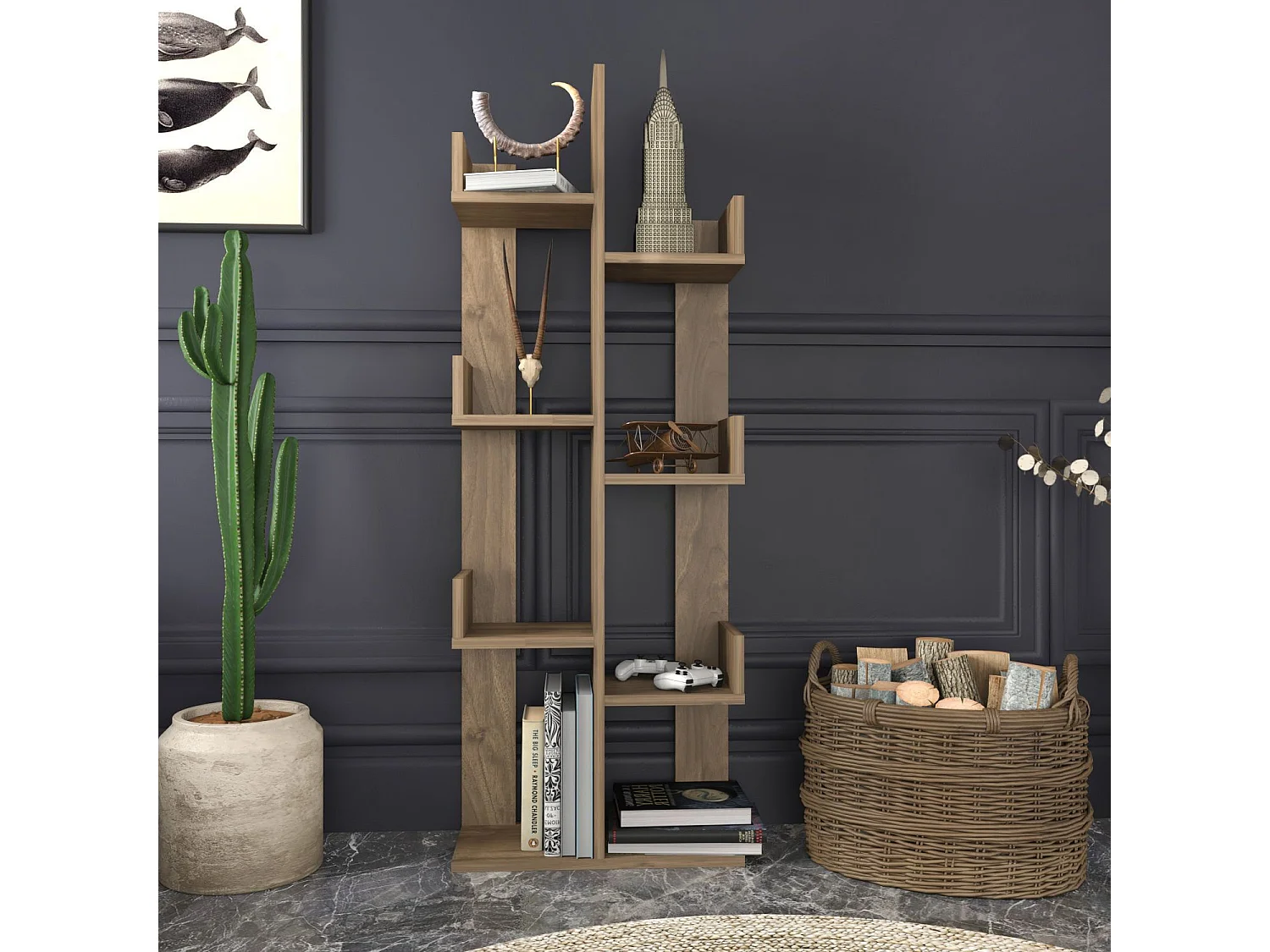 Moderne wandkast van notenhout, 50 x 22 x 173 cm | 100% melamine gecoate spaanplaat, 18 mm dik | Stijlvolle en functionele opberger voor thu