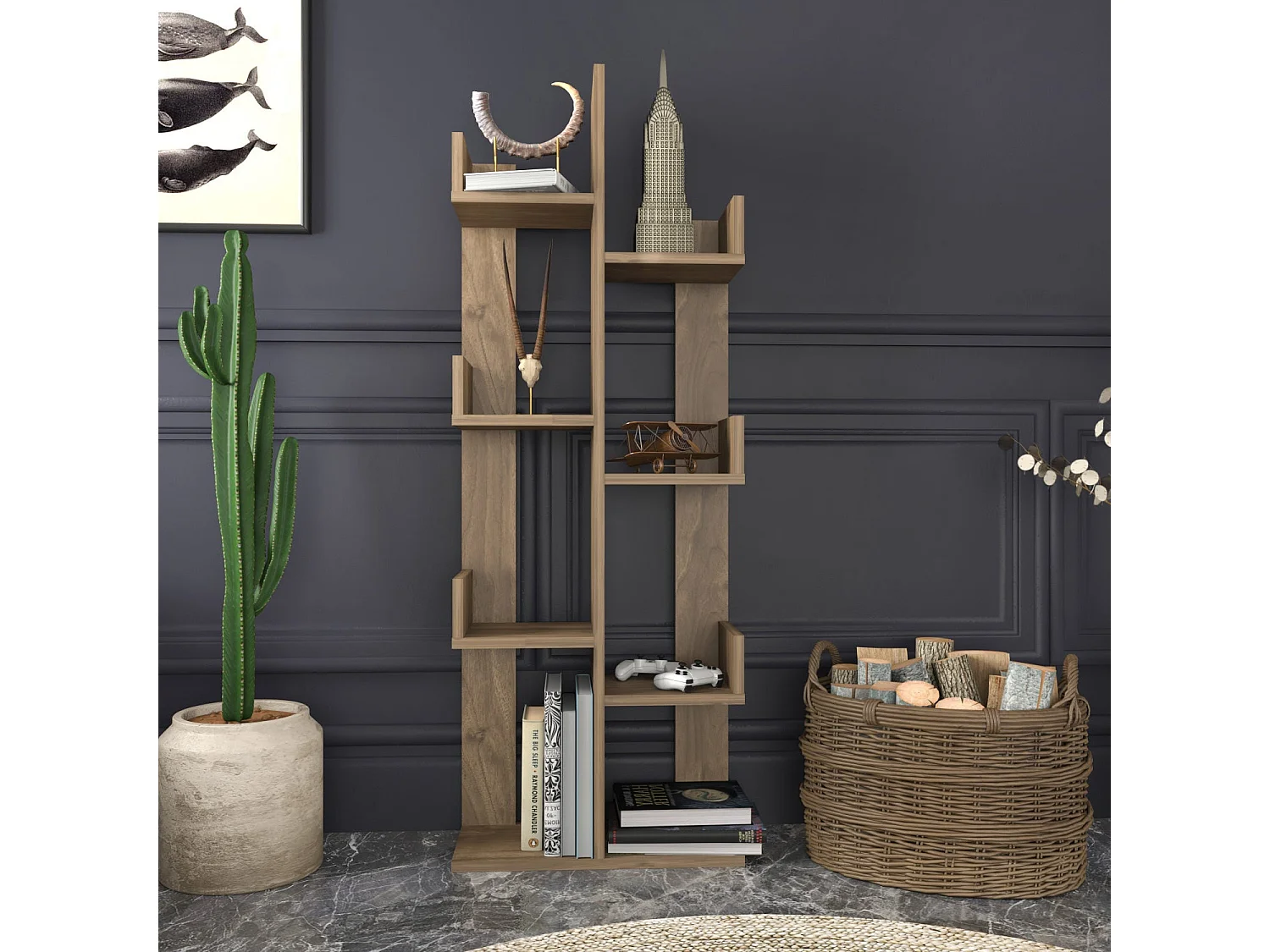 Moderne wandkast van notenhout, 50 x 22 x 173 cm | 100% melamine gecoate spaanplaat, 18 mm dik | Stijlvolle en functionele opberger voor thu