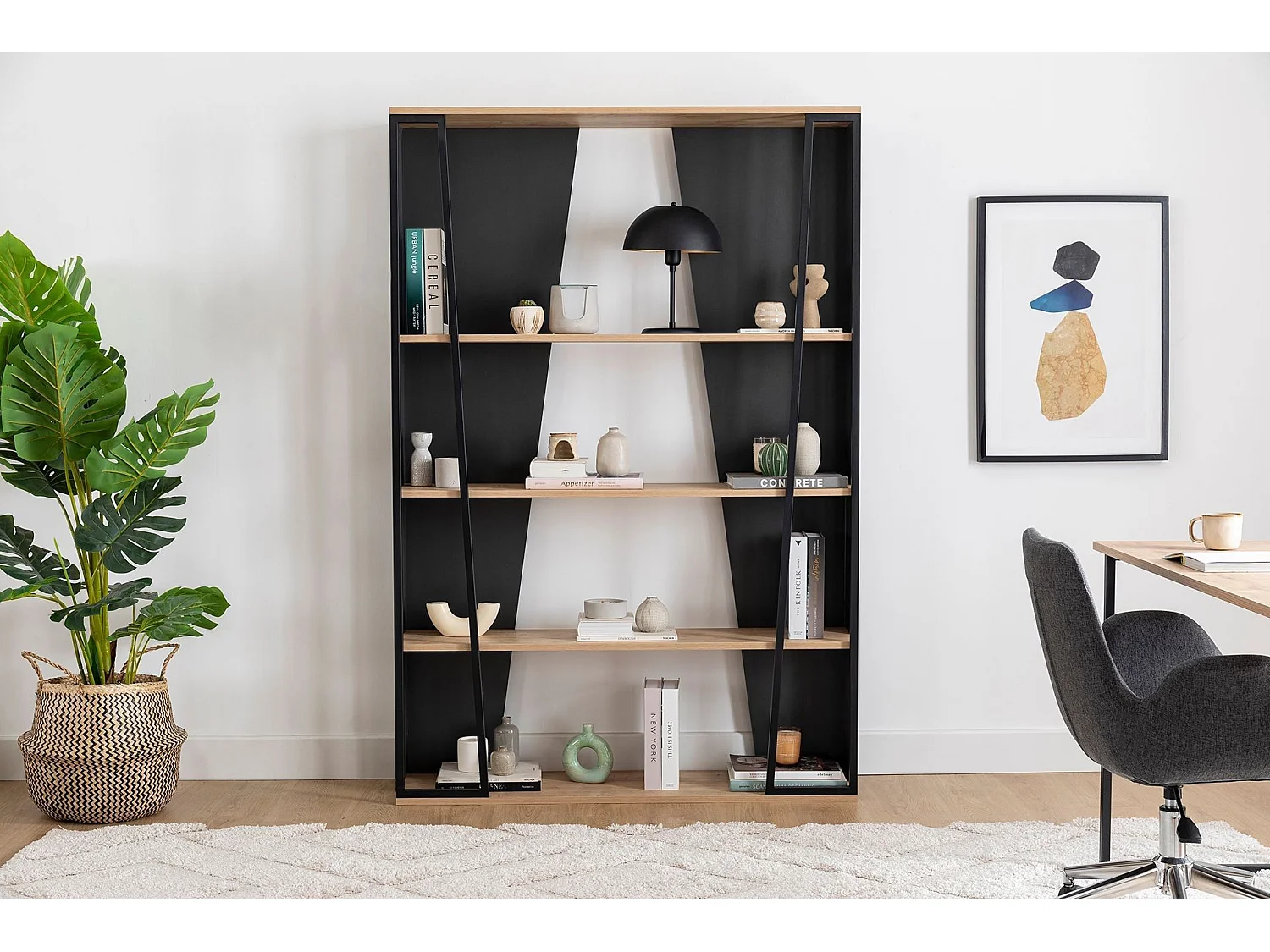 Étagère bibliothèque design Sirene L124cm Bois clair et Noir et Métal Noir