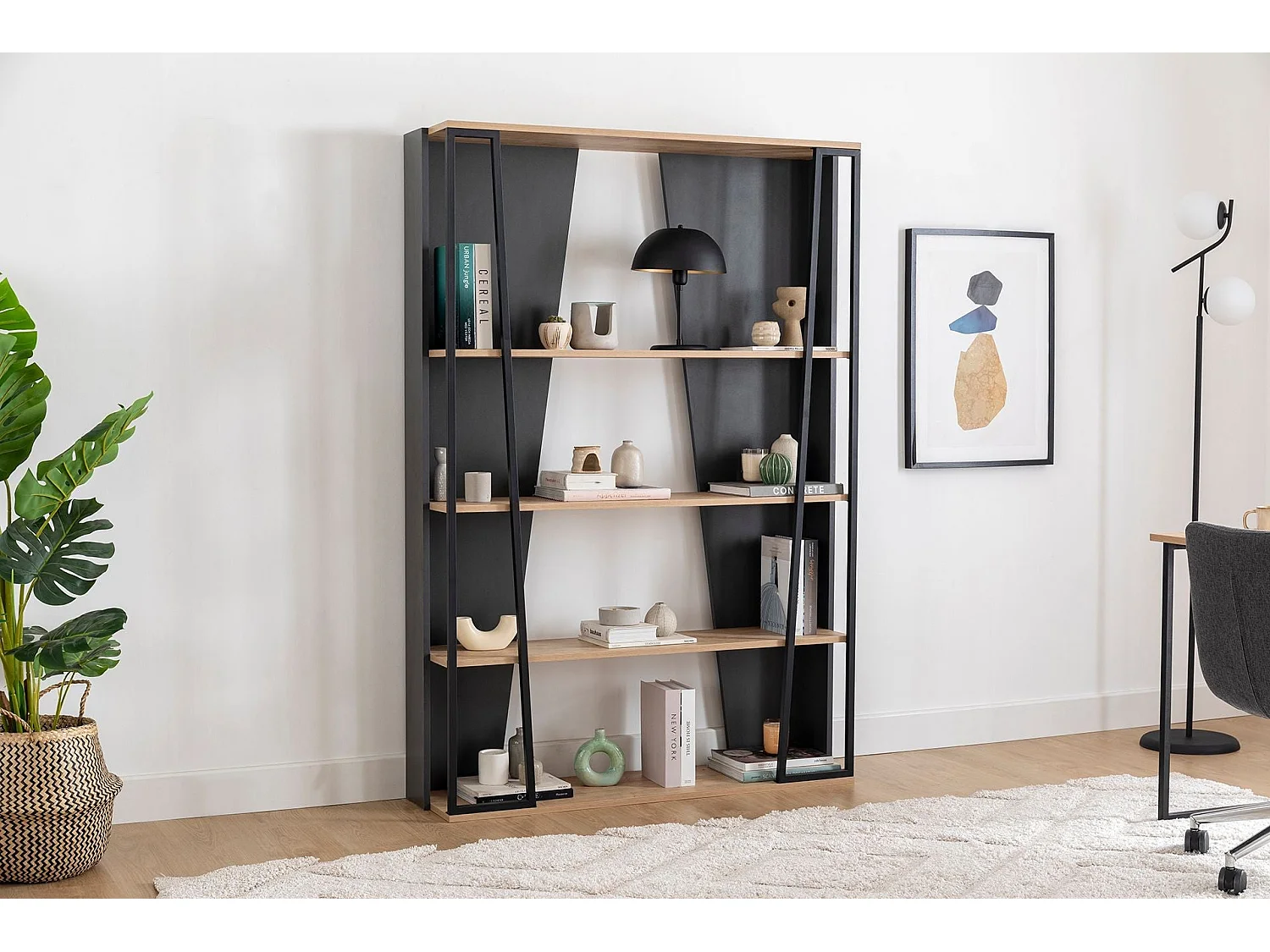 Étagère bibliothèque design Sirene L124cm Bois clair et Noir et Métal Noir