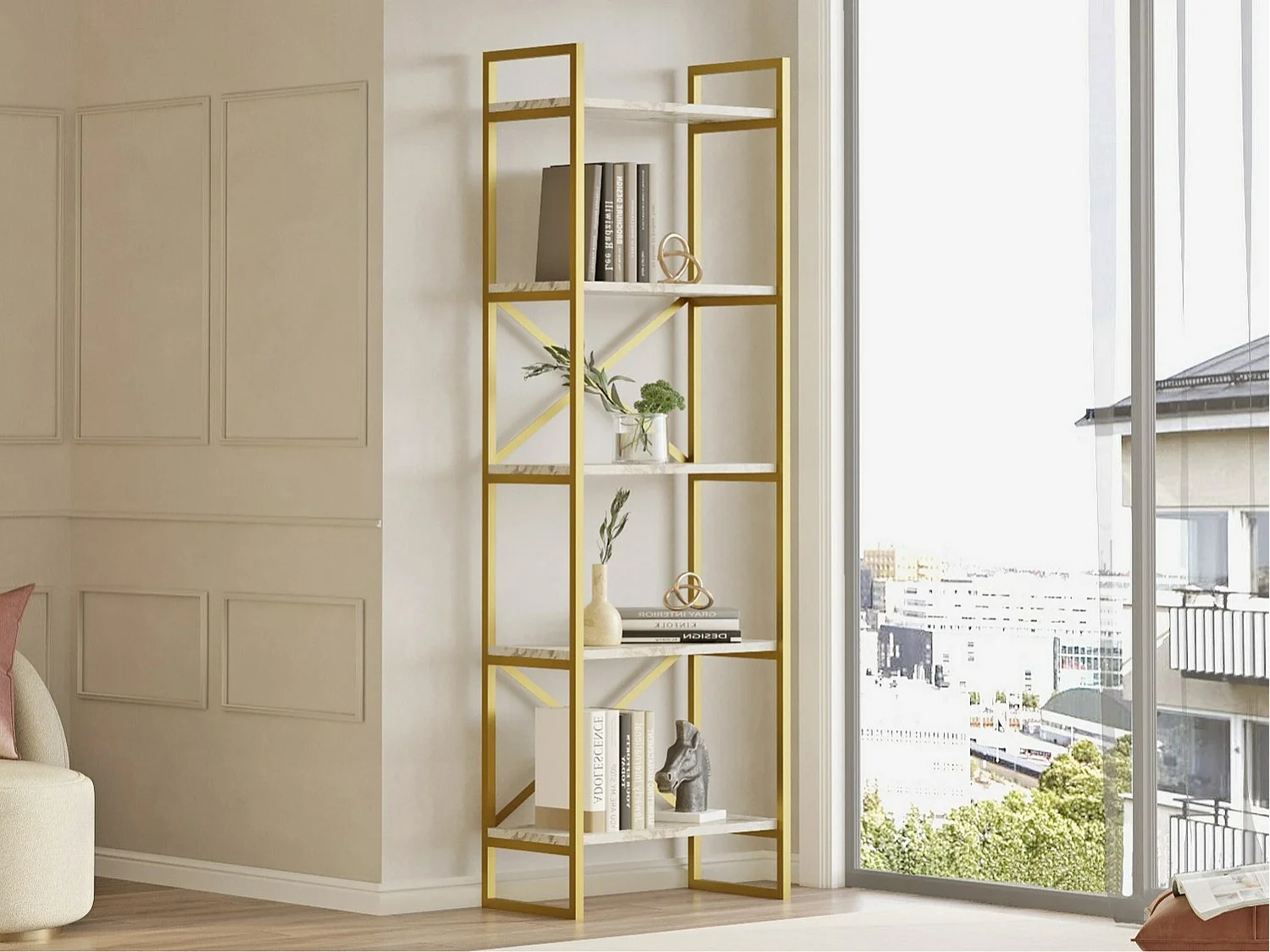 Bücherregal – 58 x 30 x 175 cm – Marmor und Gold – 100 % melaminbeschichtete Spanplatte