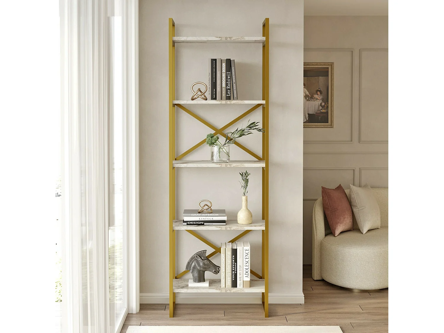 Bücherregal – 58 x 30 x 175 cm – Marmor und Gold – 100 % melaminbeschichtete Spanplatte