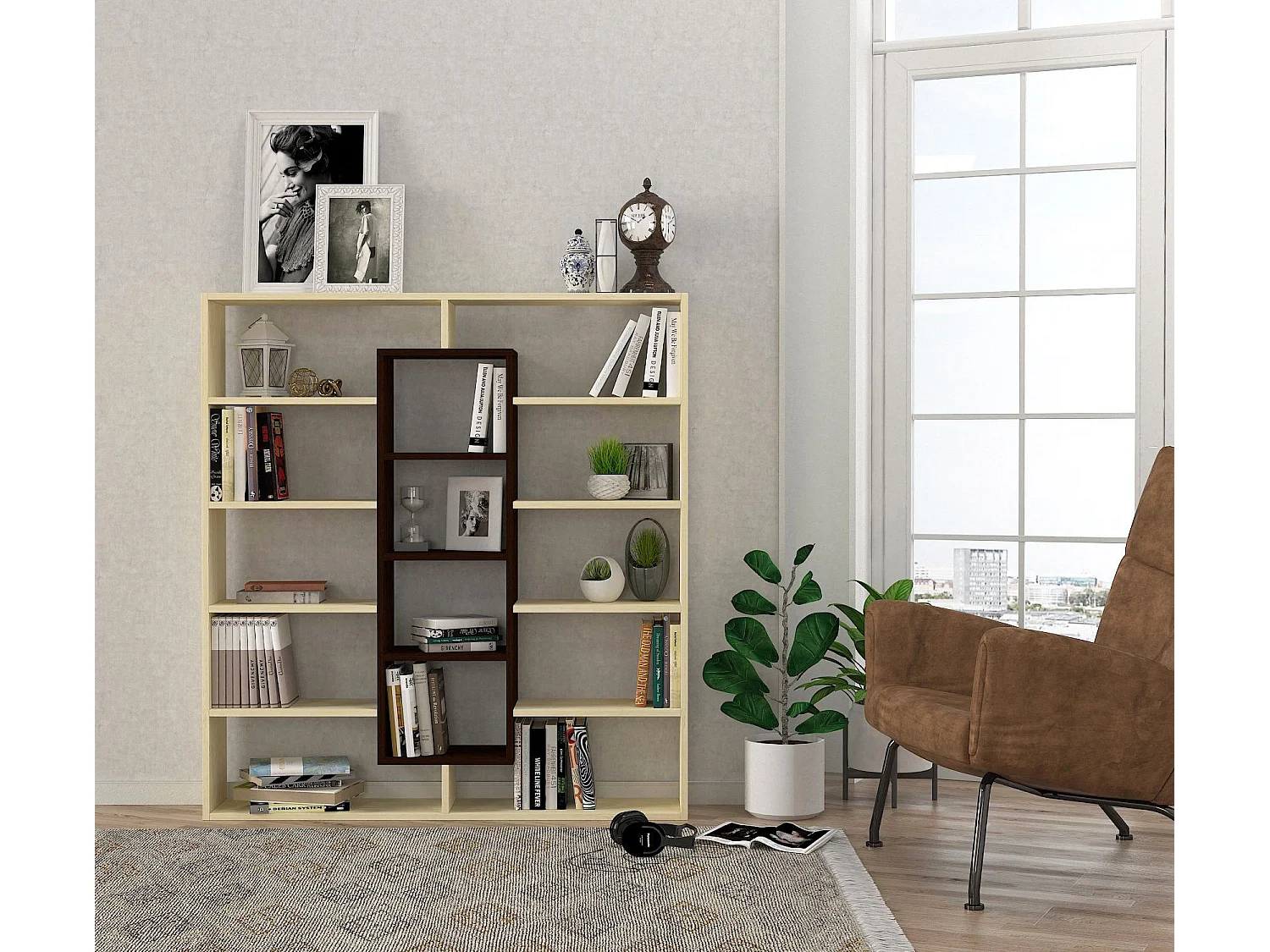 Étagère bibliothéque Alexa H135,7cm Bois foncé et Blanc crème