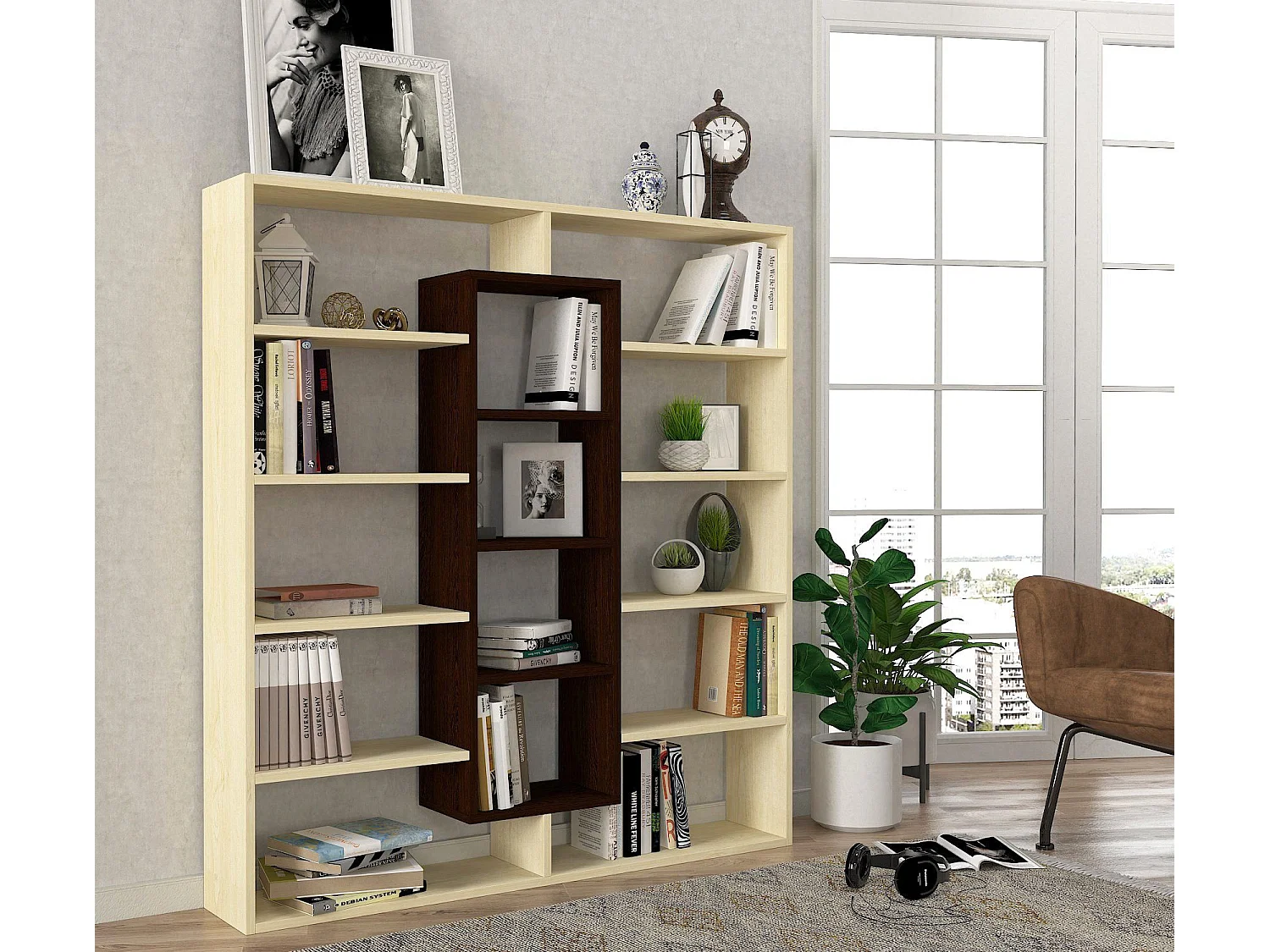 Étagère bibliothéque Alexa H135,7cm Bois foncé et Blanc crème