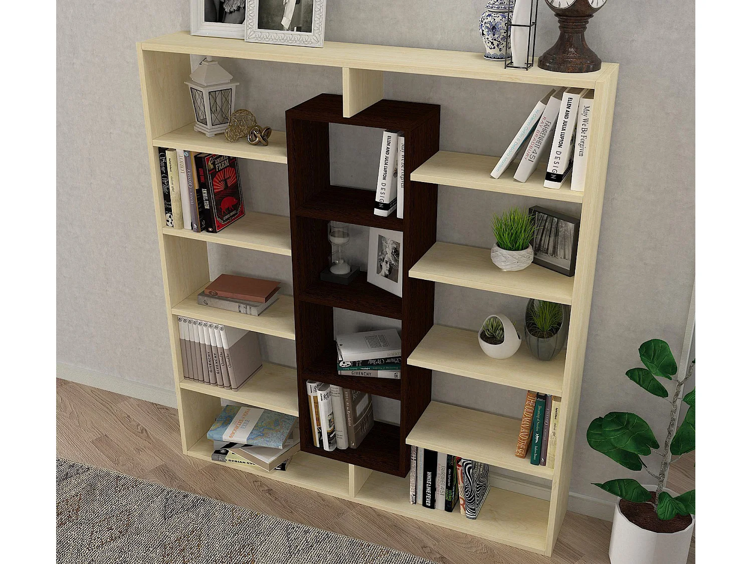 Étagère bibliothéque Alexa H135,7cm Bois foncé et Blanc crème
