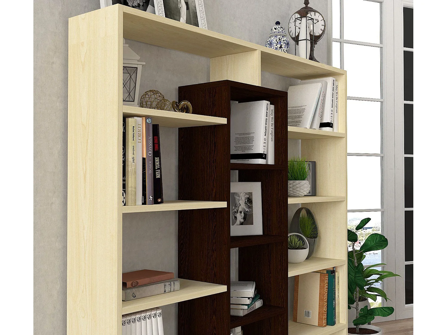 Étagère bibliothéque Alexa H135,7cm Bois foncé et Blanc crème