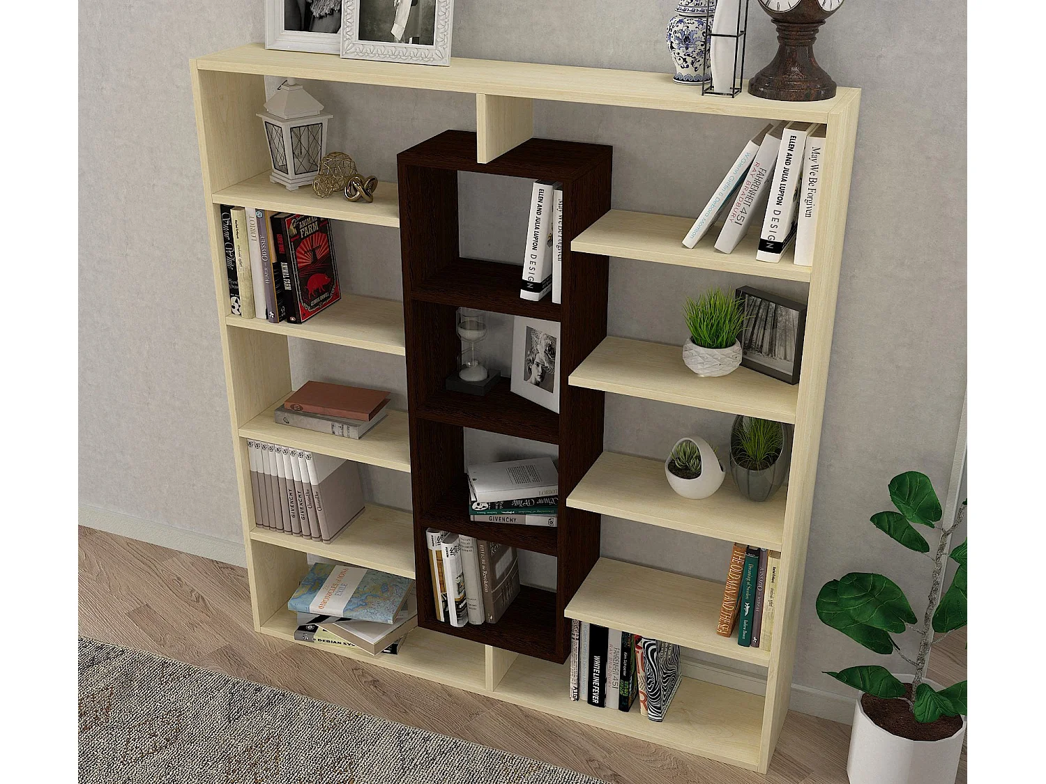 Étagère bibliothéque Alexa H135,7cm Bois foncé et Blanc crème