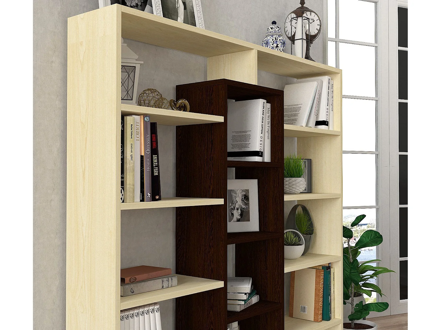 Étagère bibliothéque Alexa H135,7cm Bois foncé et Blanc crème