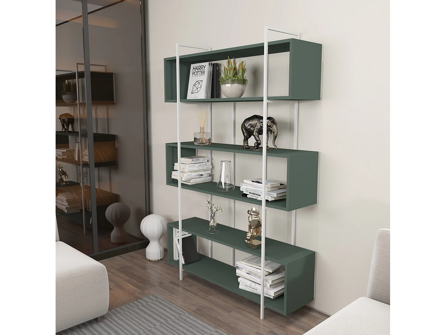 Étagère bibliothèque Trahan L120cm Métal Blanc et Bois Vert