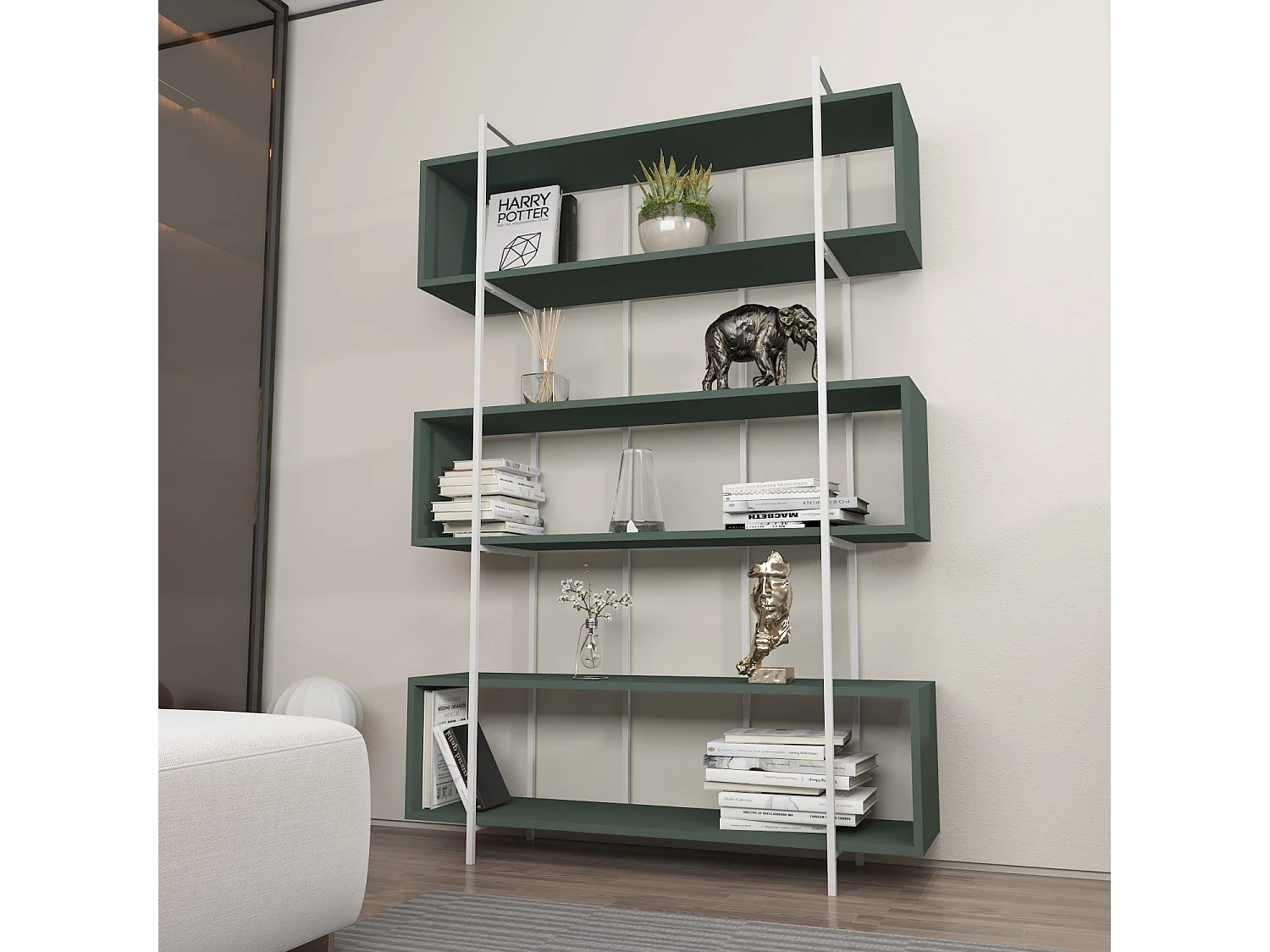 Étagère bibliothèque Trahan L120cm Métal Blanc et Bois Vert