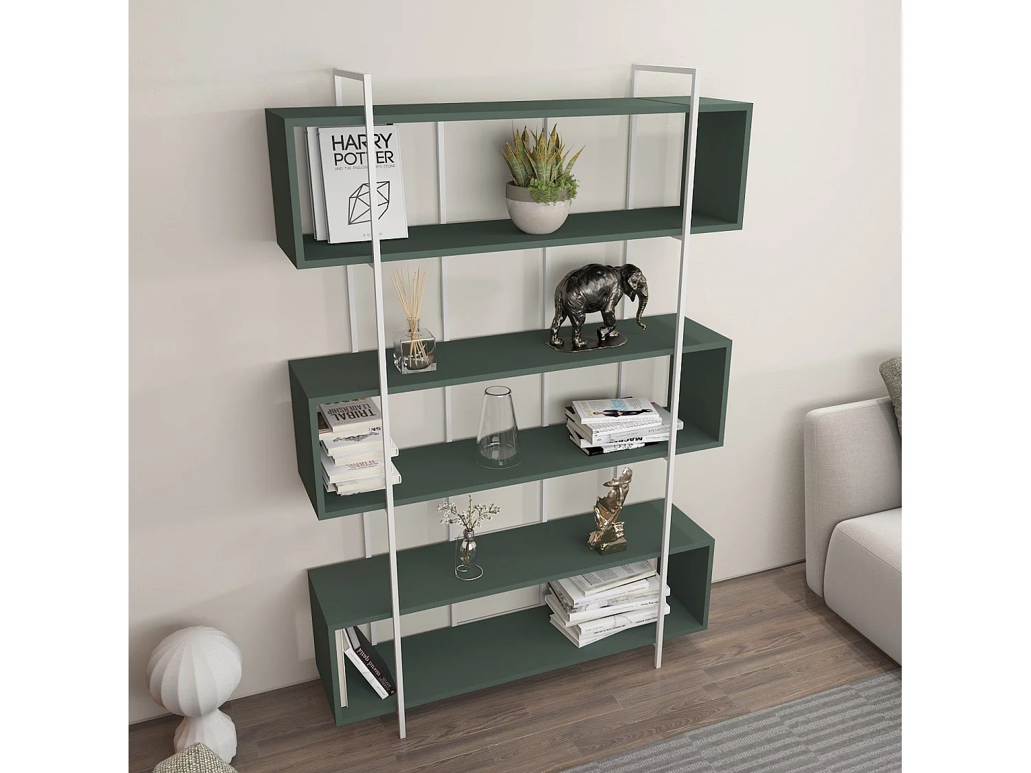 Étagère bibliothèque Trahan L120cm Métal Blanc et Bois Vert