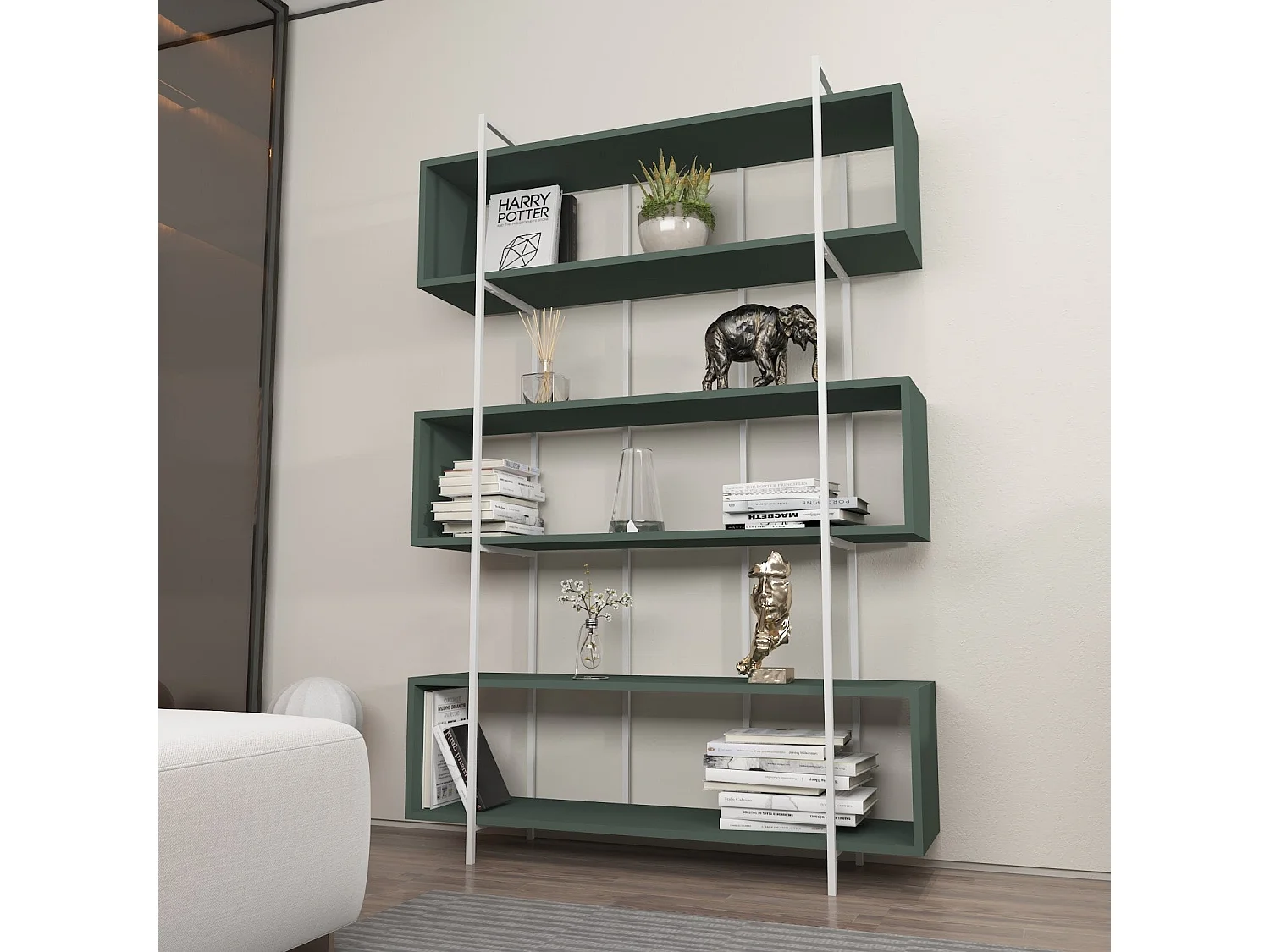 Étagère bibliothèque Trahan L120cm Métal Blanc et Bois Vert