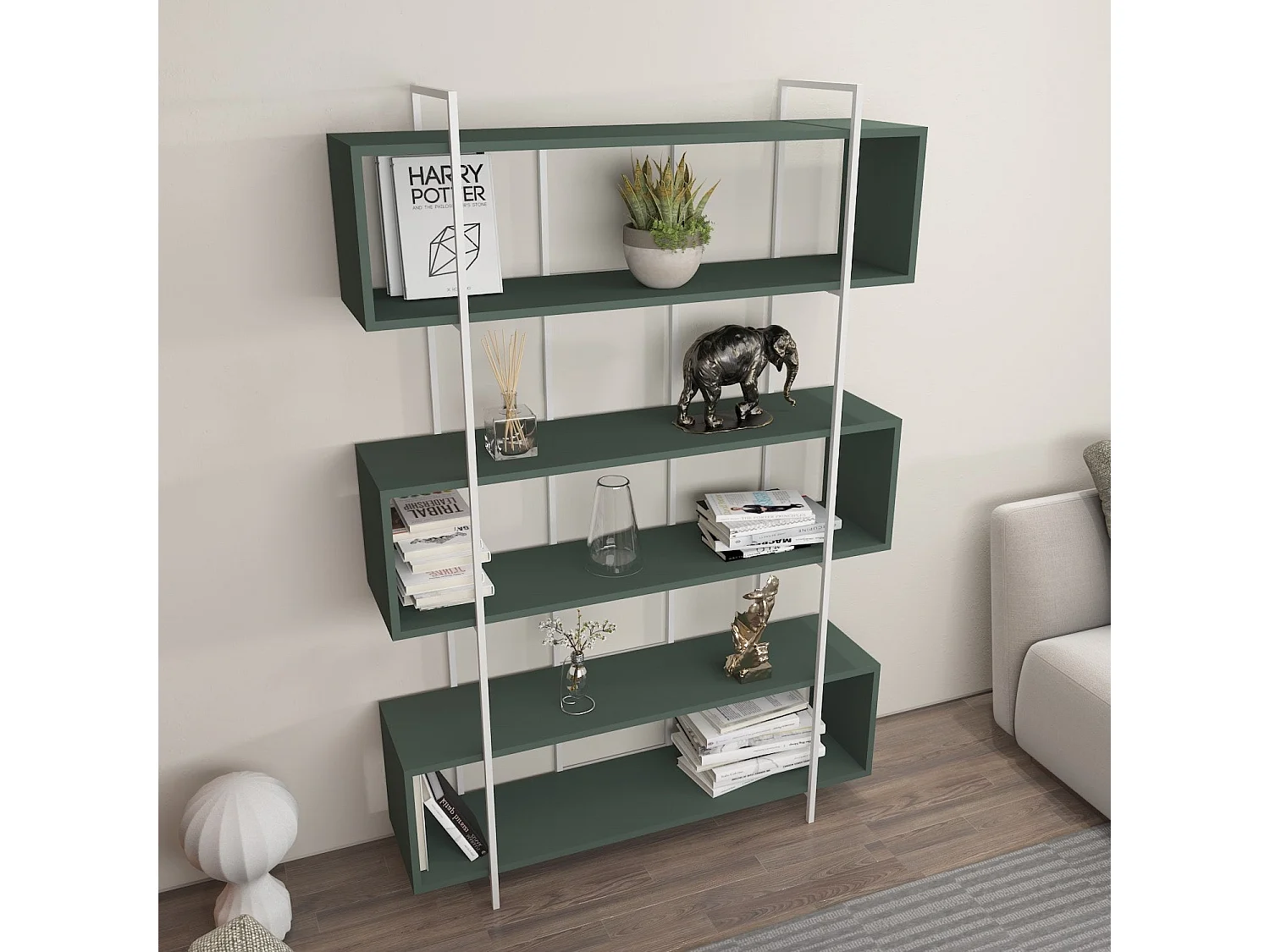 Étagère bibliothèque Trahan L120cm Métal Blanc et Bois Vert