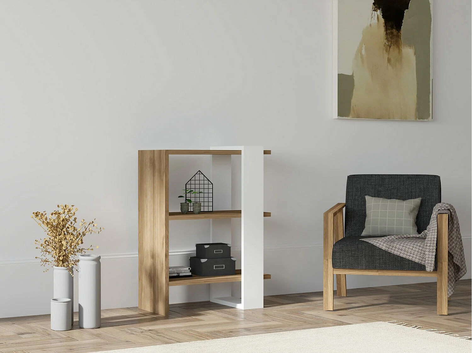 Bibliothèque – 51,8 x 70 x 25 cm – Noyer et blanc – Panneau de particules 100 % mélaminé