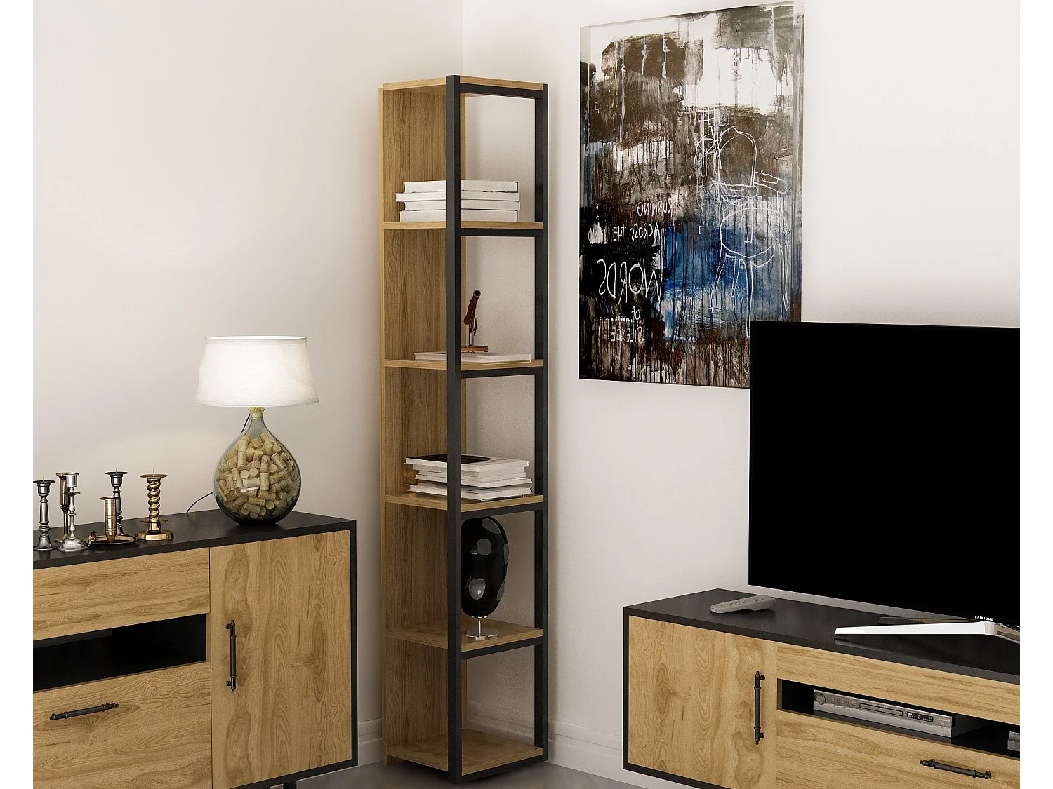 Estantería Kailua 1077, Abierto, Metal|Aglomerado laminado, 180x30x34cm, Roble|Negro