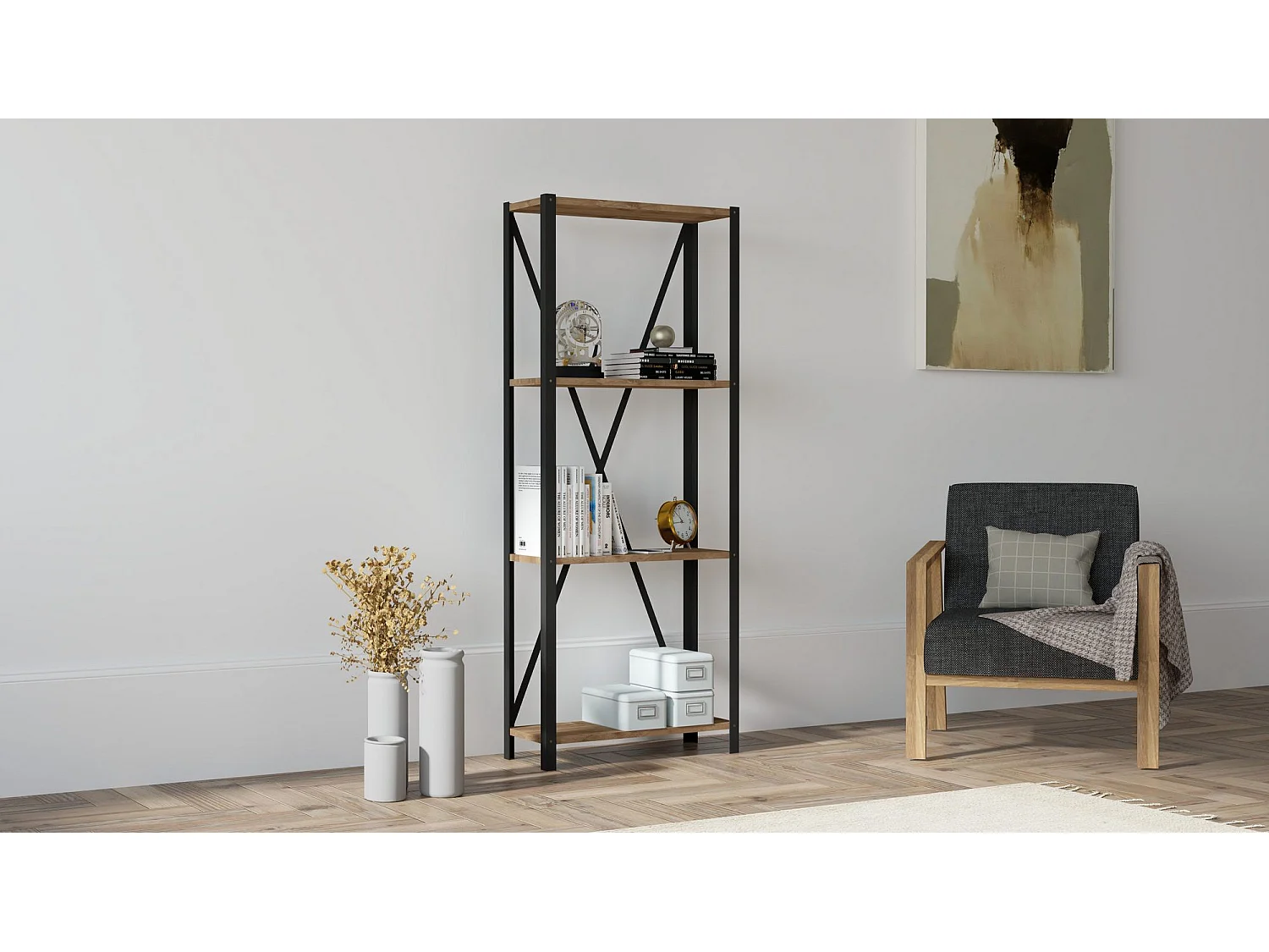 Étagère bibliothèque style industriel Levada L60cm Métal Noir et Bois foncé