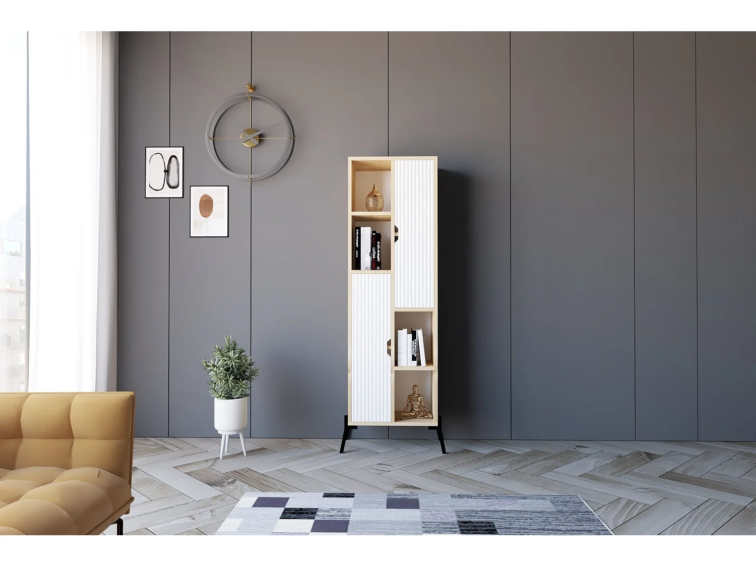 Bibliothèque 2 portes Shilvi L48,2xH160cm Chêne et Blanc