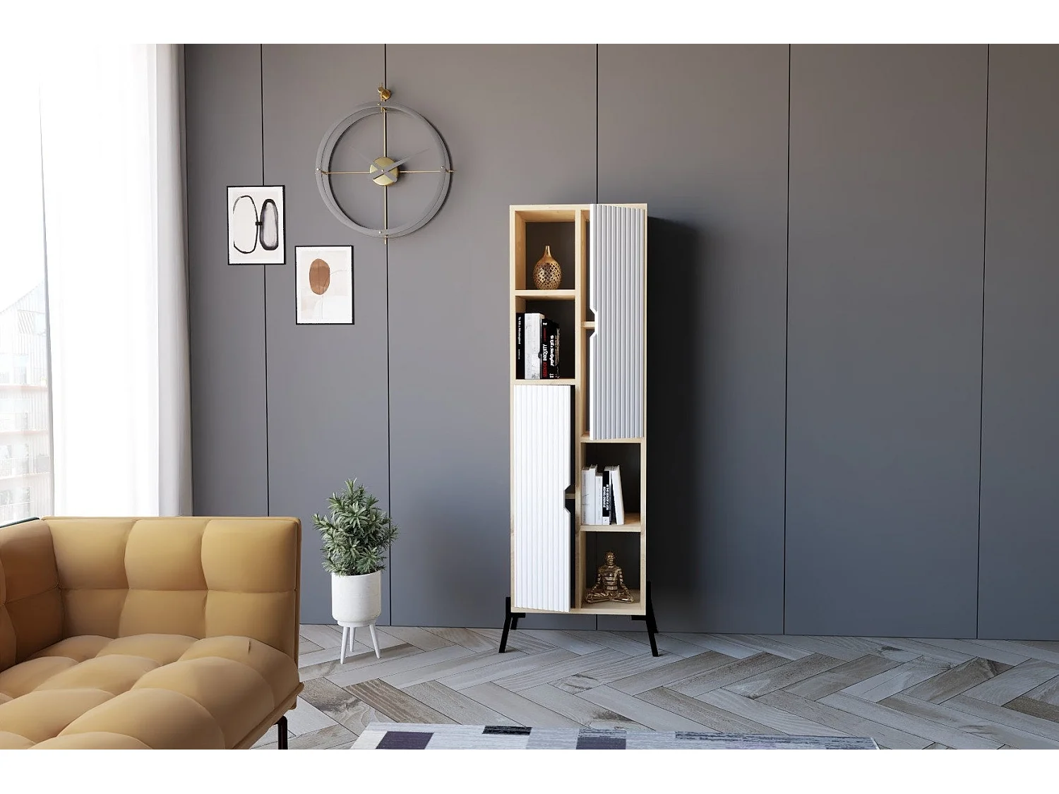 Bibliothèque 2 portes Shilvi L48,2xH160cm Chêne et Blanc