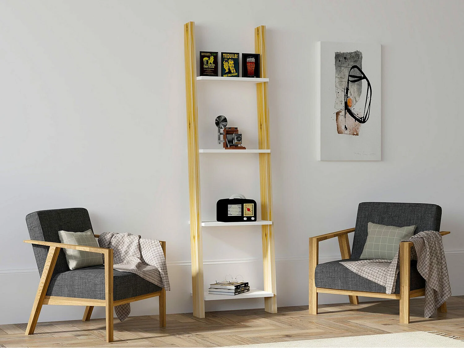 Bibliothèque – 49 x 170 x 25 cm – Blanc et Saphir – Panneaux de particules mélaminés