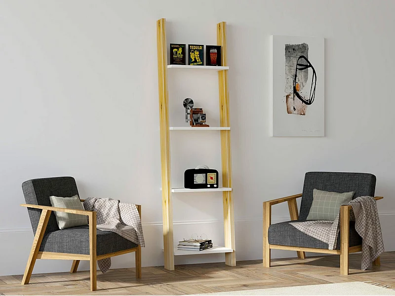 Bibliothèque – 49 x 170 x 25 cm – Blanc et Saphir – Panneaux de particules mélaminés