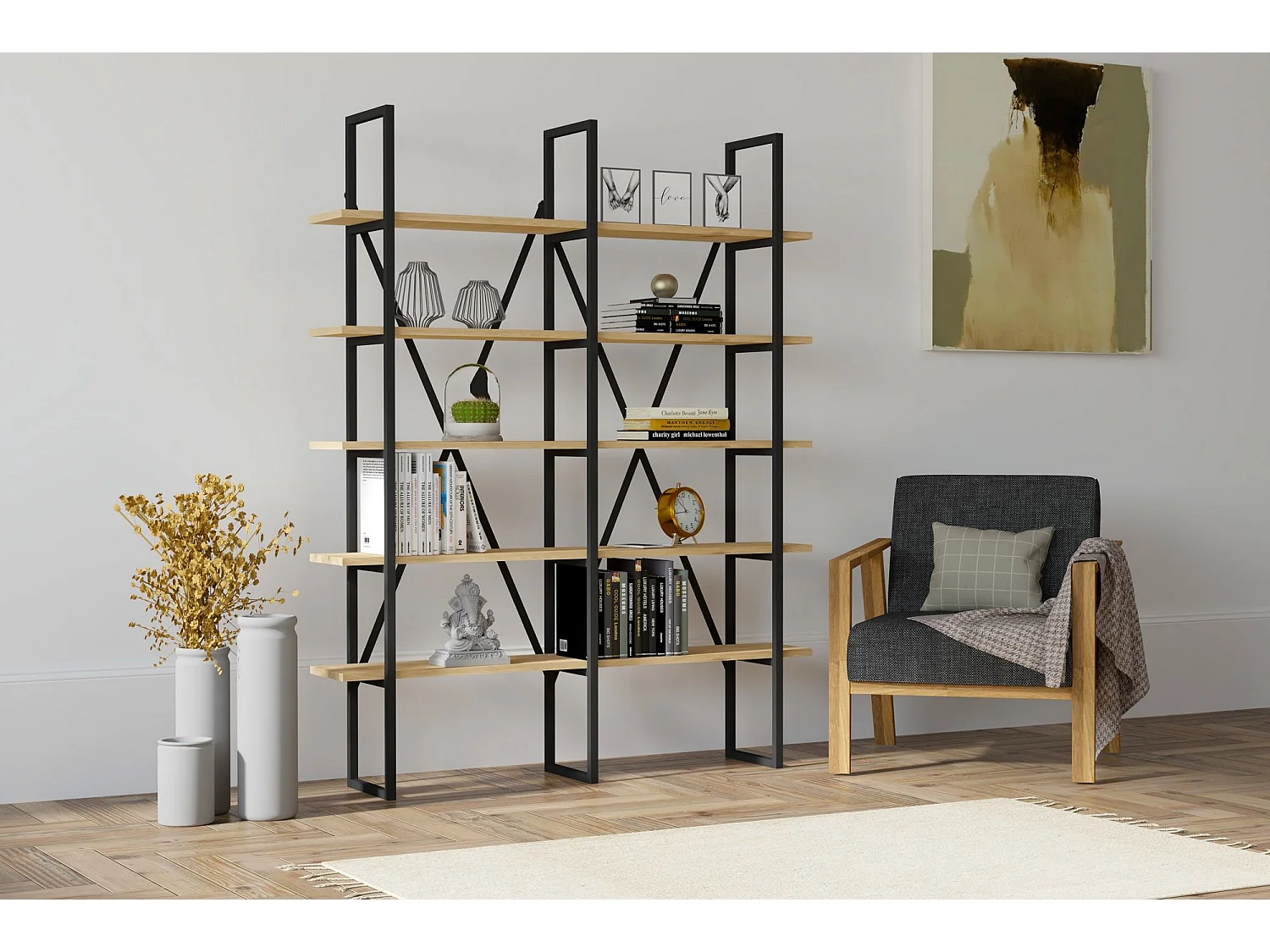 Étagère bibliothèque style industriel Axonda L126cm Métal Noir et Bois clair