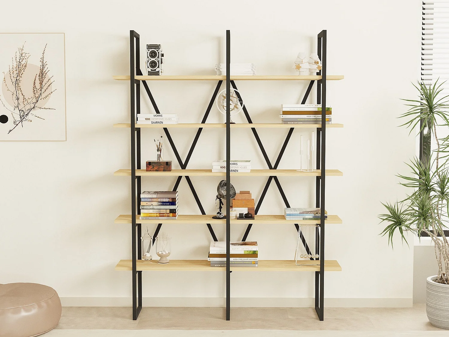 Étagère bibliothèque style industriel Axonda L126cm Métal Noir et Bois clair