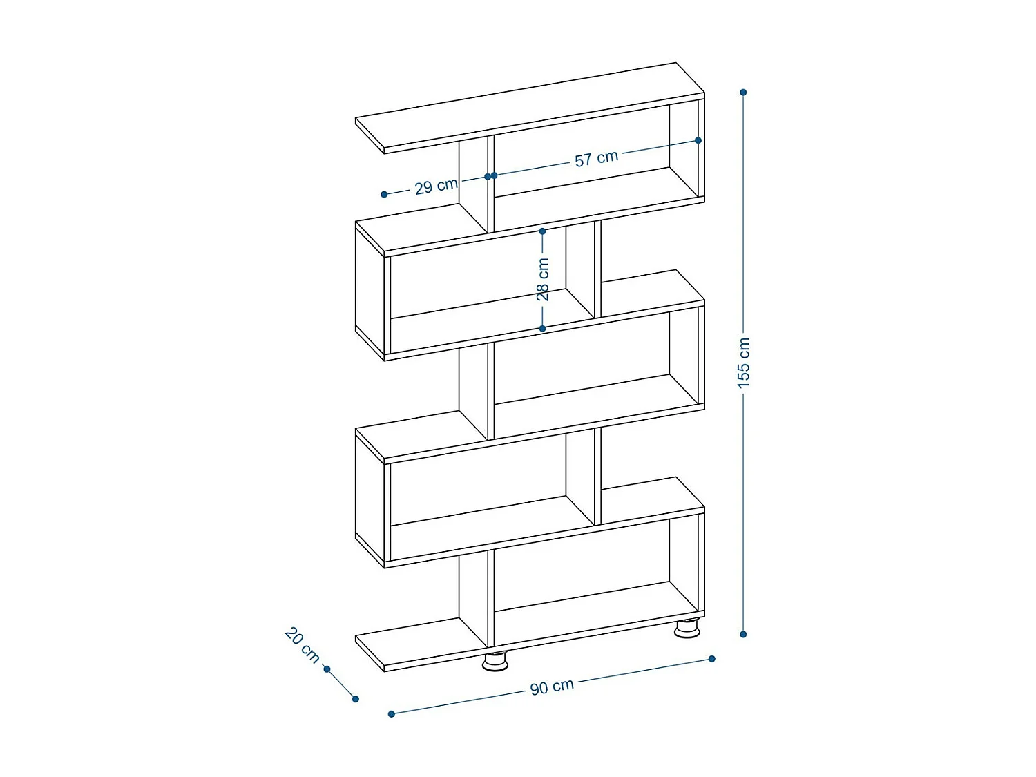 Moderne boekenkast – 90 x 156 x 20 cm – wit – spaanplaat bekleed met melamine