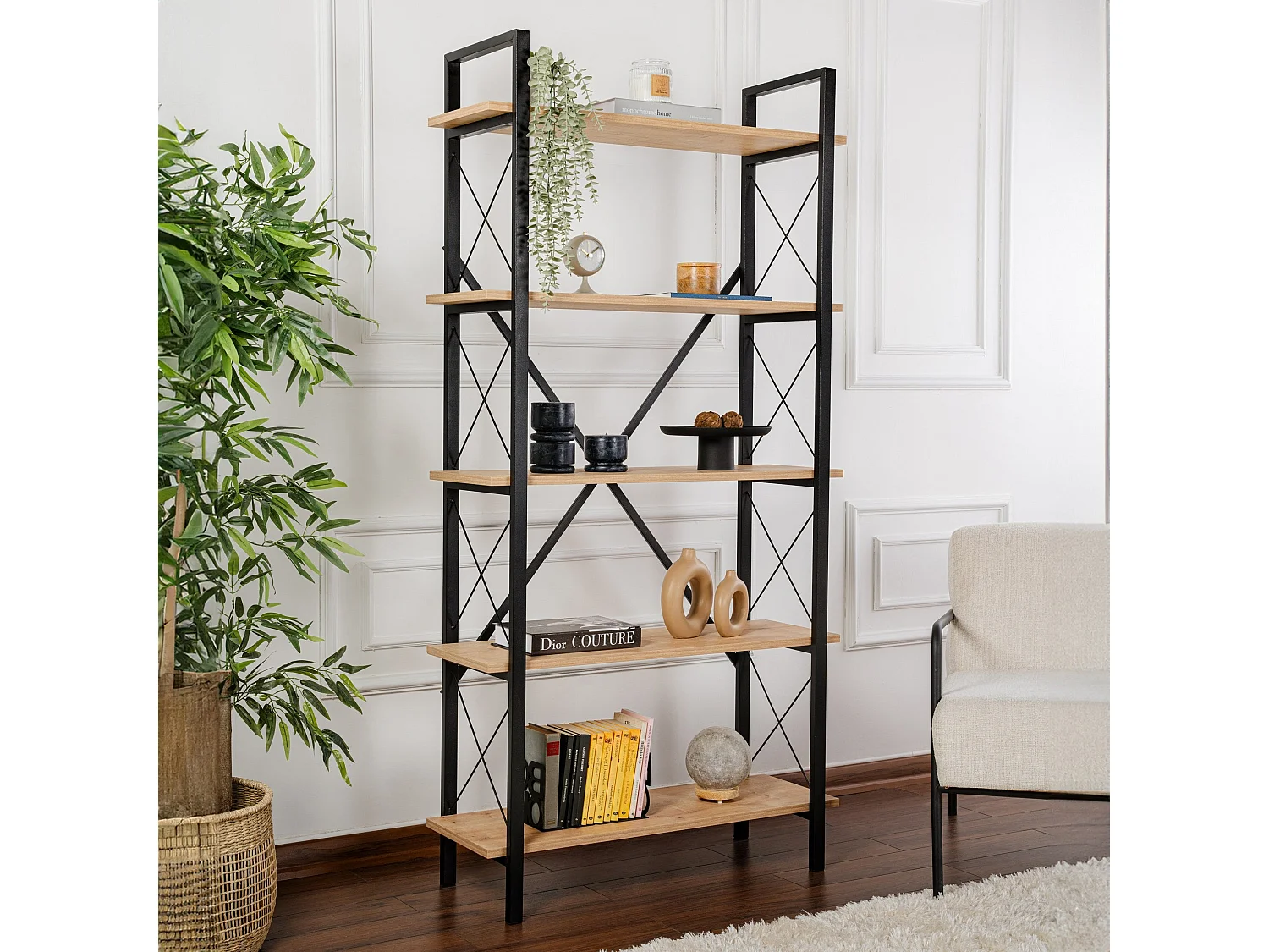 Elegante boekenkast van eikenhout en zwart, 90 x 180 x 33,5 cm | 100% melamine-gecoat spaanplaat, metalen frame | Wandmontage, meerdere plan