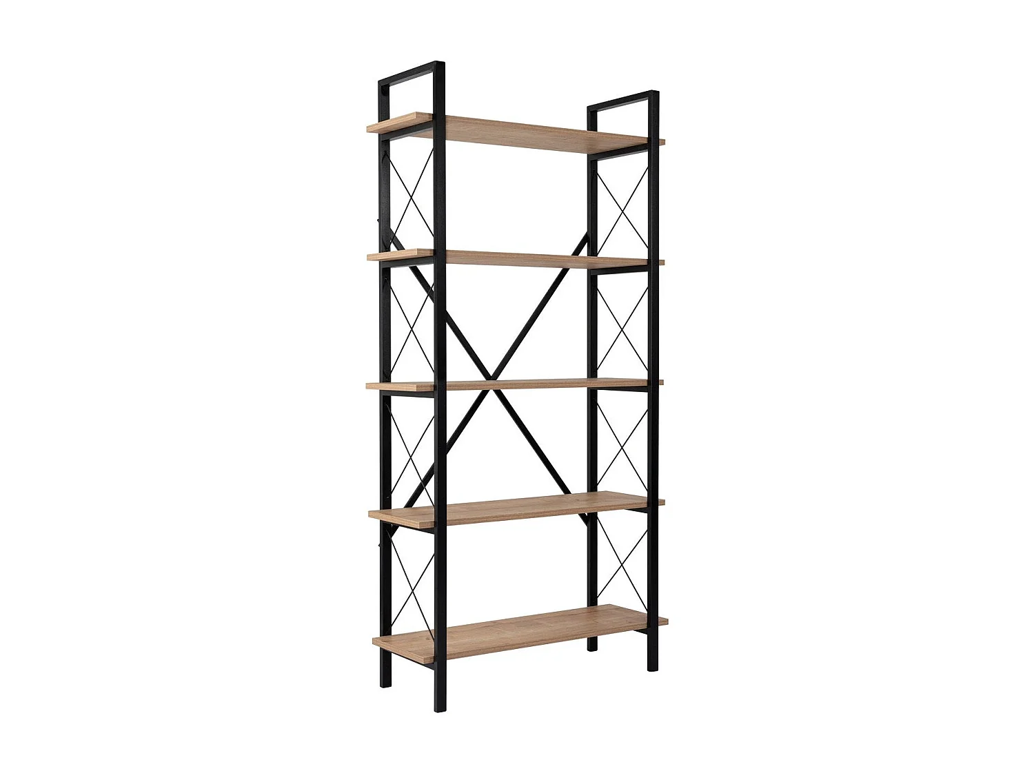 Elegante boekenkast van eikenhout en zwart, 90 x 180 x 33,5 cm | 100% melamine-gecoat spaanplaat, metalen frame | Wandmontage, meerdere plan