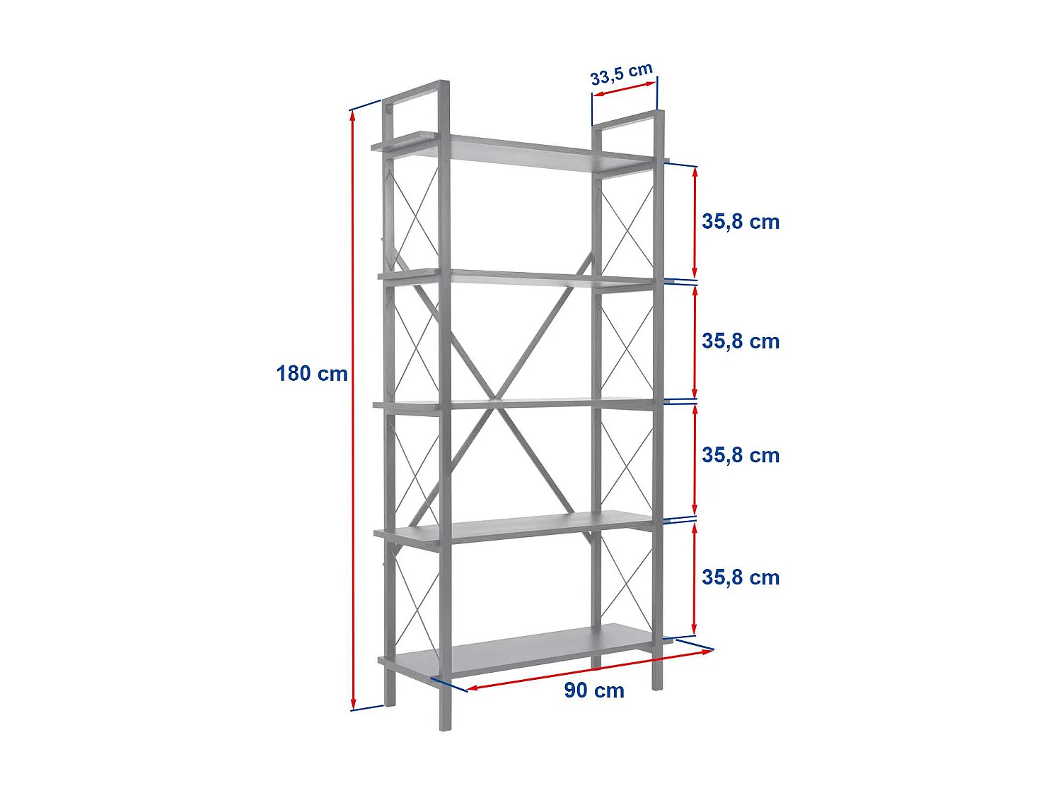 Elegante boekenkast van eikenhout en zwart, 90 x 180 x 33,5 cm | 100% melamine-gecoat spaanplaat, metalen frame | Wandmontage, meerdere plan