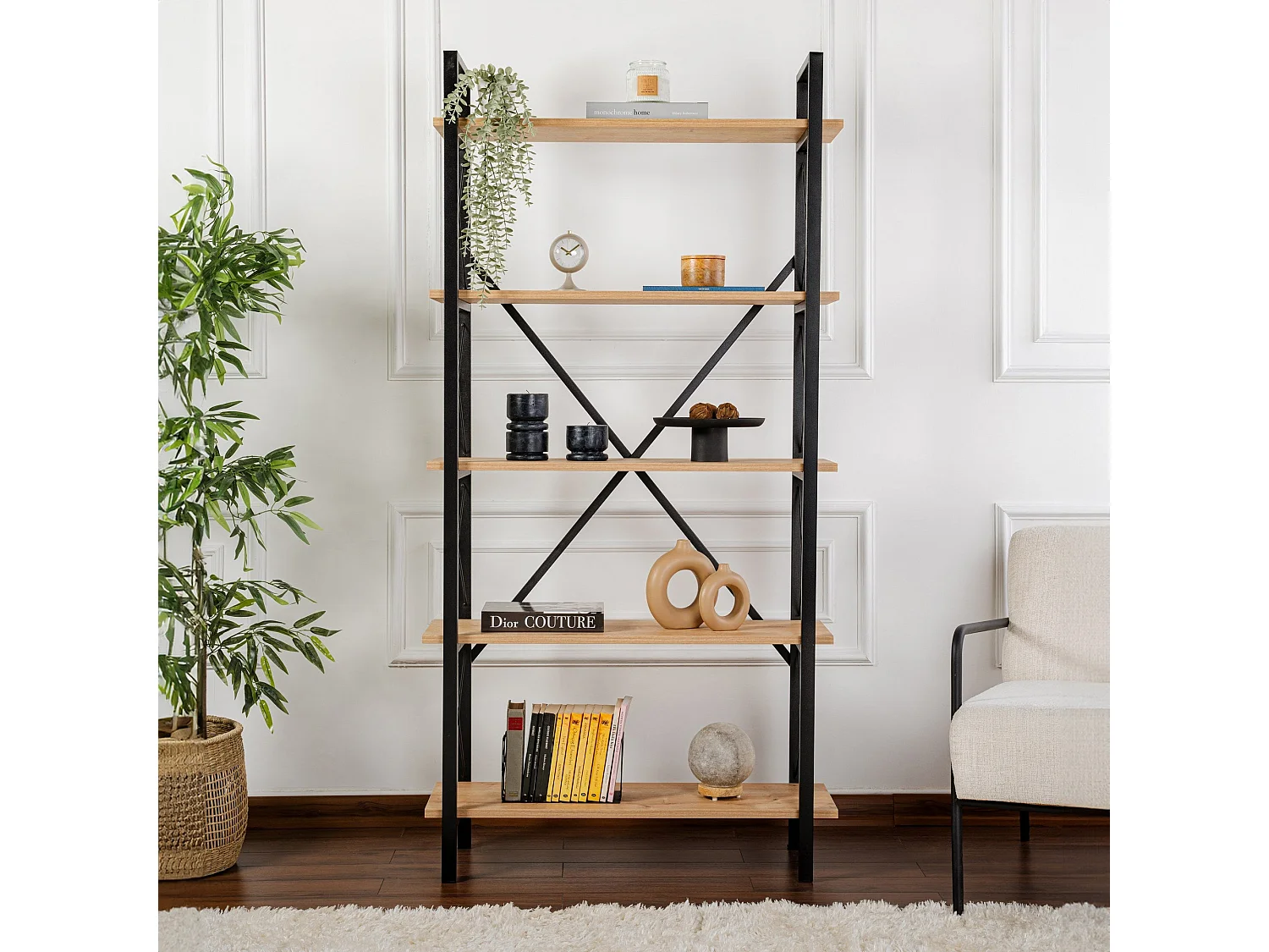 Elegante boekenkast van eikenhout en zwart, 90 x 180 x 33,5 cm | 100% melamine-gecoat spaanplaat, metalen frame | Wandmontage, meerdere plan