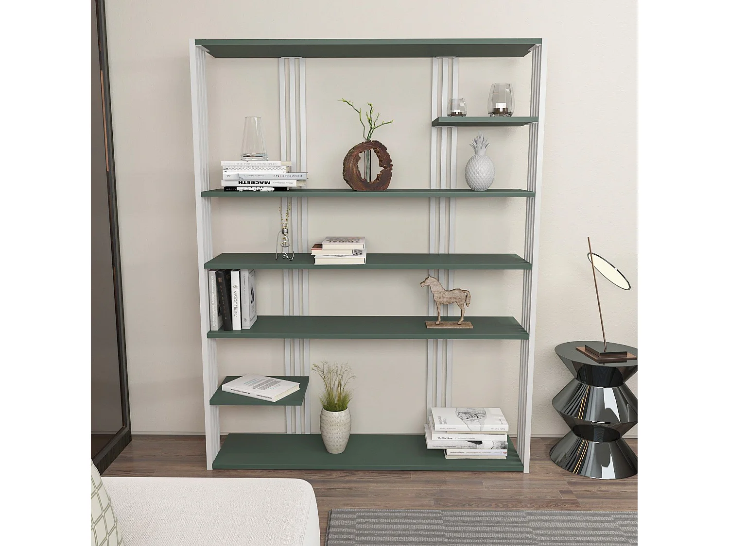 Elegancki zielono-biały regał na książki, 120 cm x 160 cm x 29,6 cm | Płyta wiórowa pokryta melaminą w 100%, grubość 18 mm | Idealny do nowo